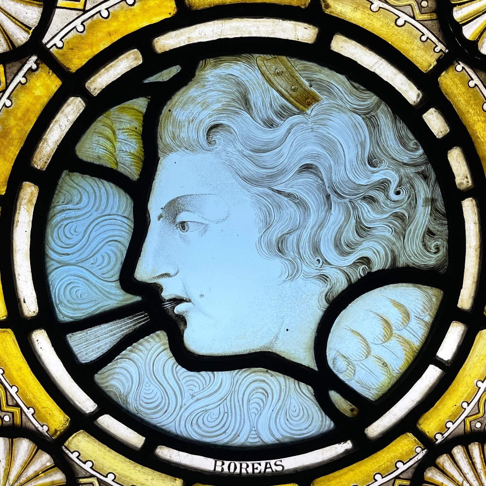 Neoclassical Victorian Stained Glass Window Panel of Boreas