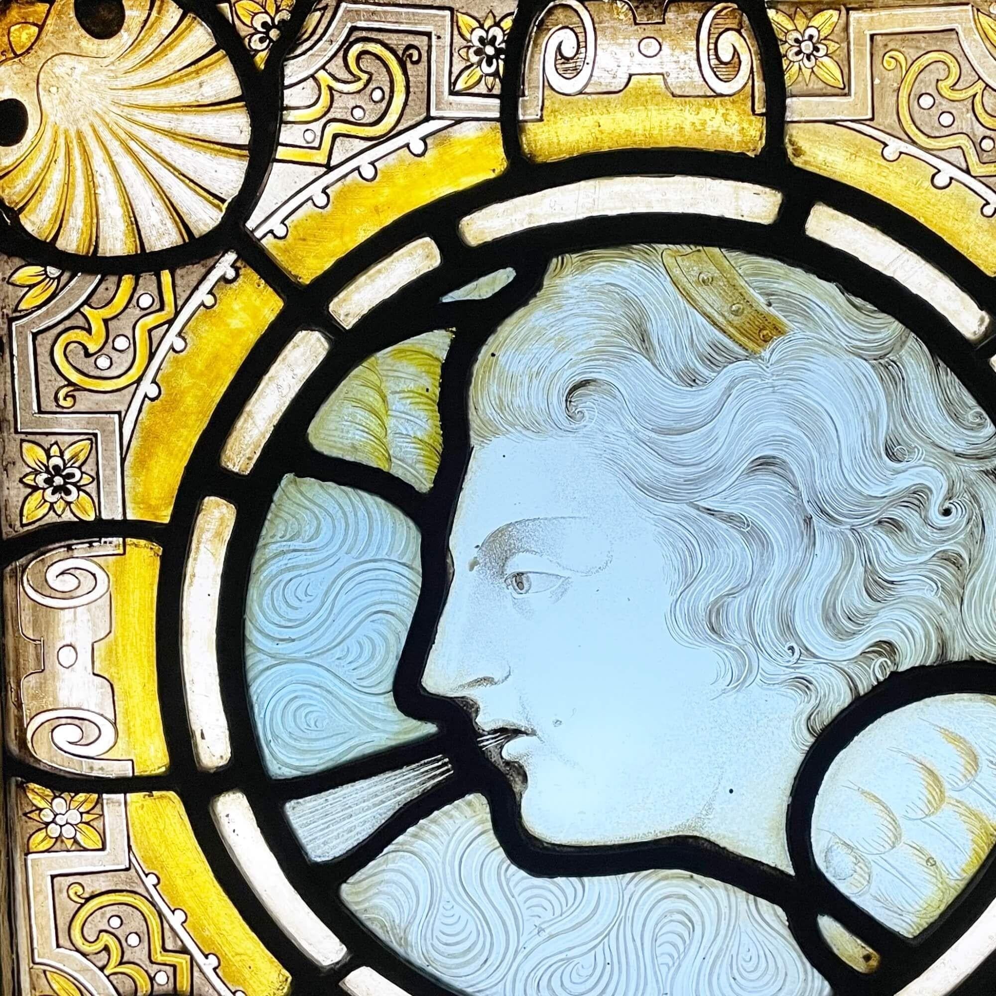 English Victorian Stained Glass Window Panel of Boreas