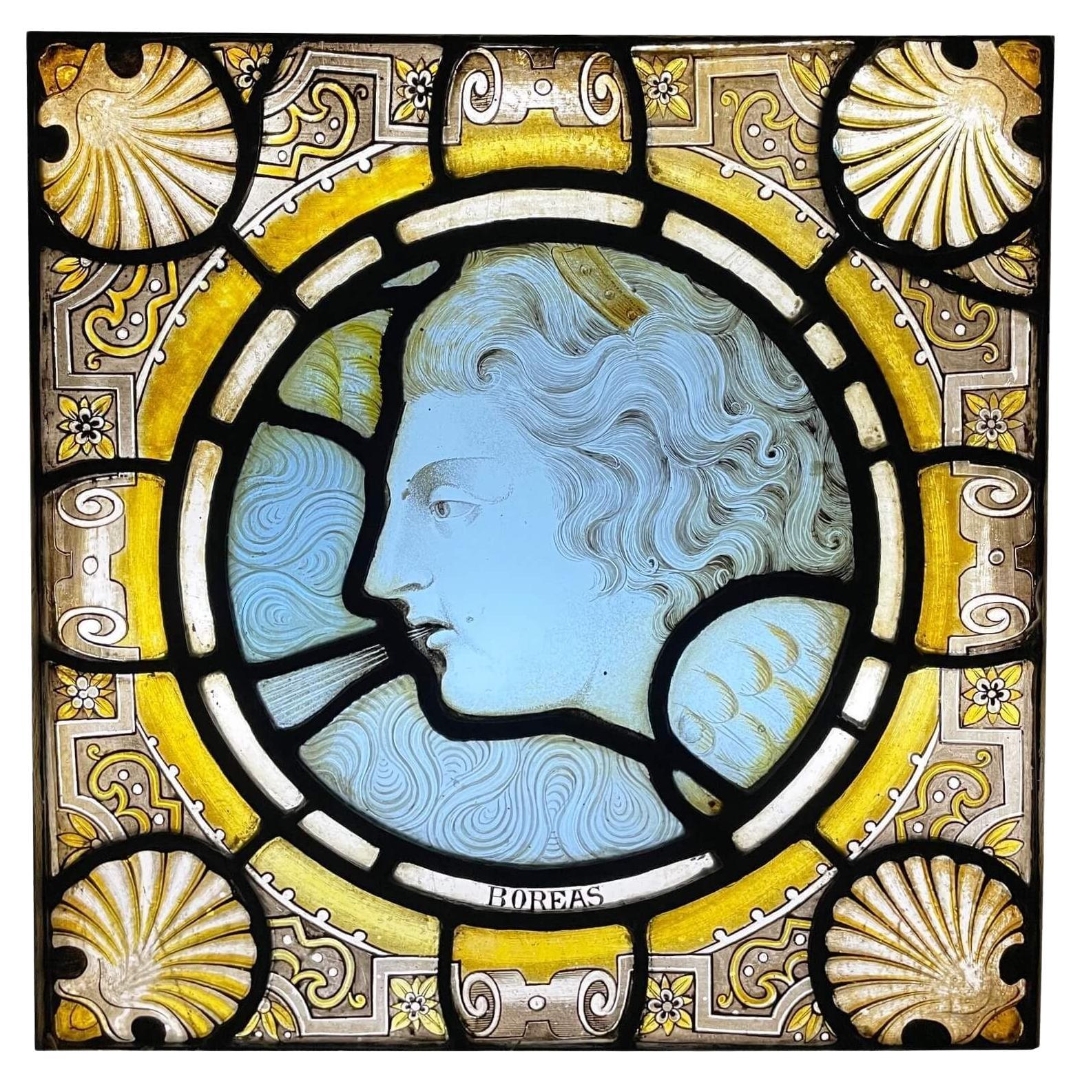 Victorian Stained Glass Window Panel of Boreas