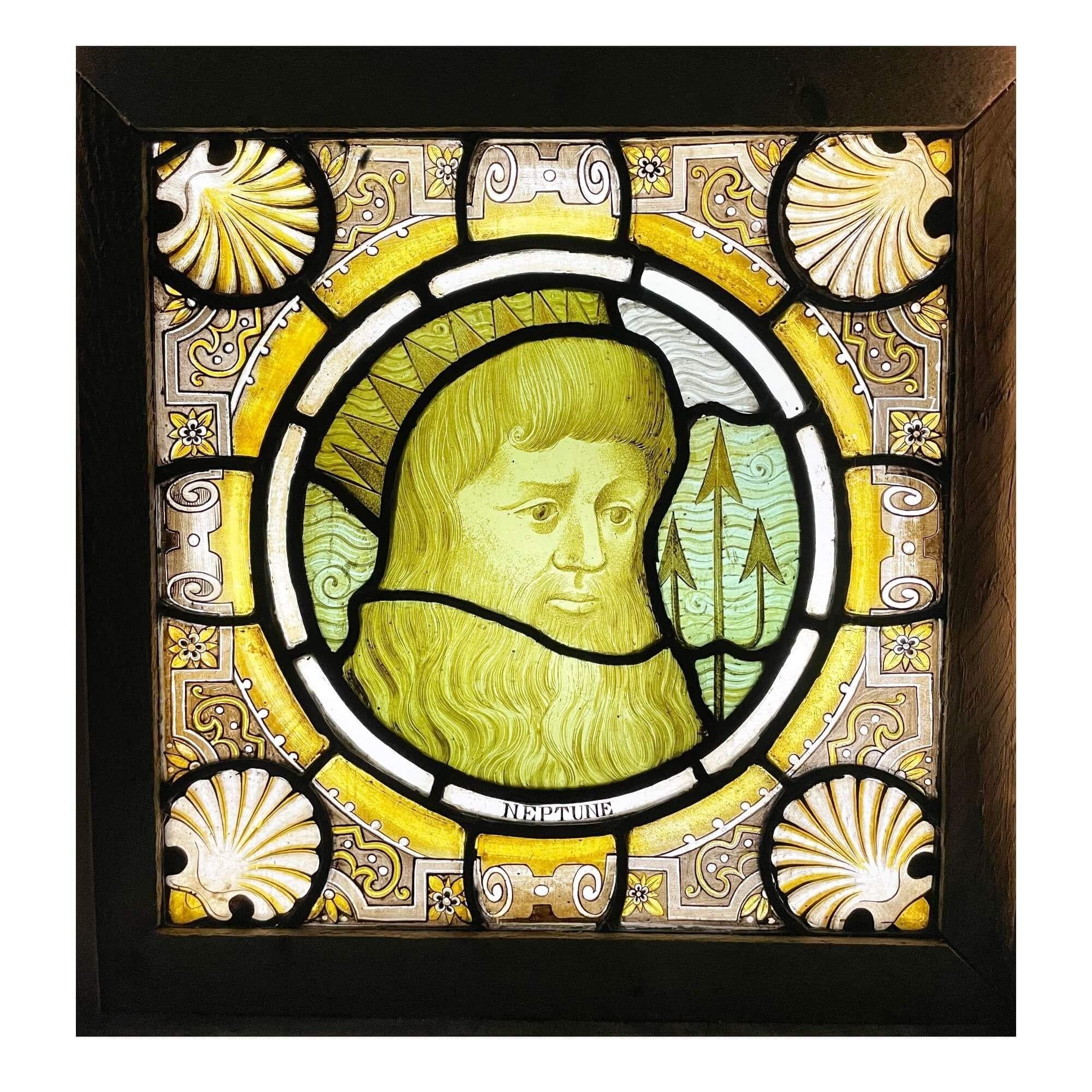 A late 19th century antique stained glass window panel depicting Neptune, God of water and sea, one of 3 similar we are selling depicting notable figures of Greek and Roman mythology.

This vibrant piece was previously owned by Seymour Stein - music