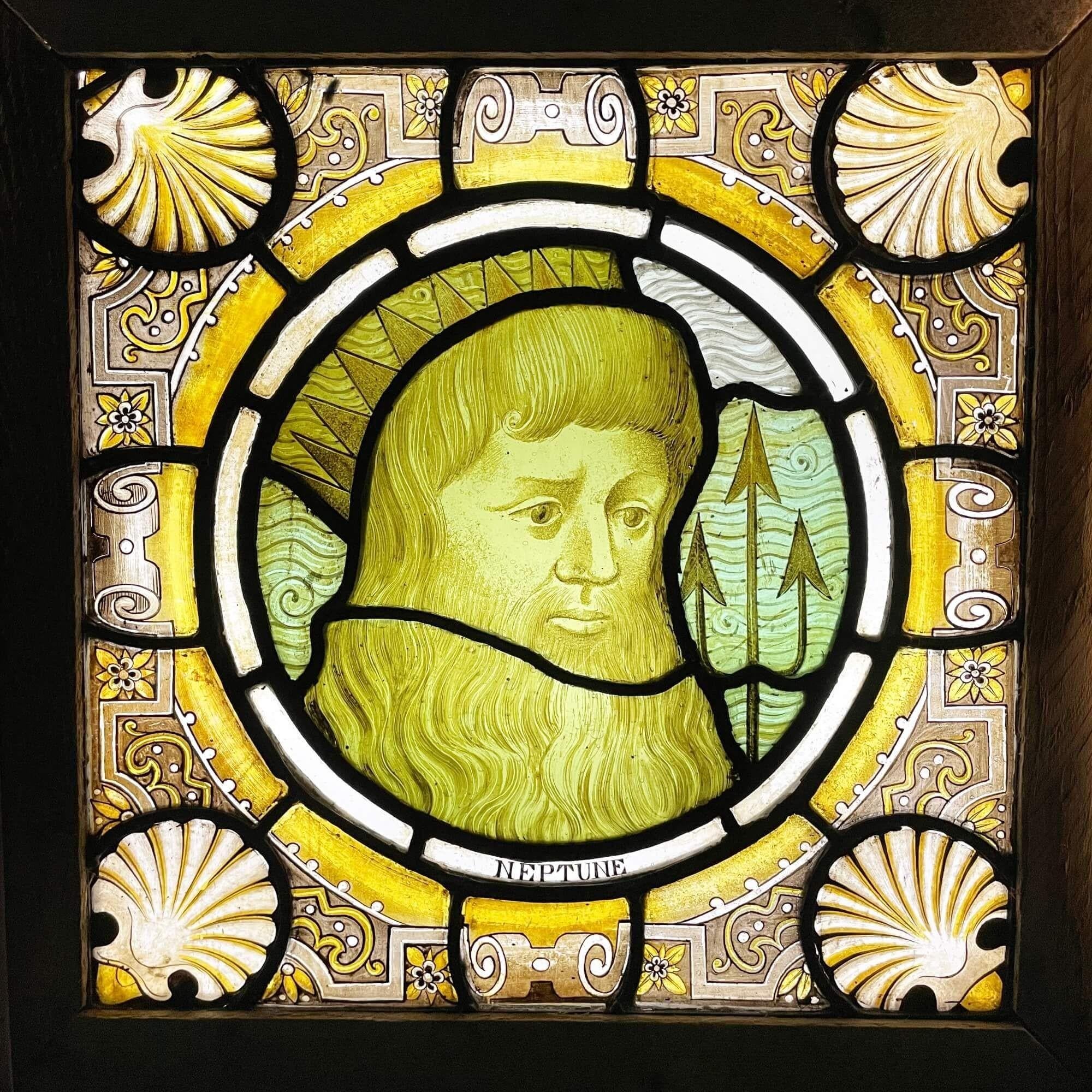 Neoclassical Victorian Stained Glass Window Panel of Neptune