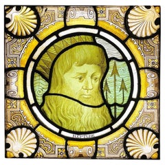 Vintage Victorian Stained Glass Window Panel of Neptune