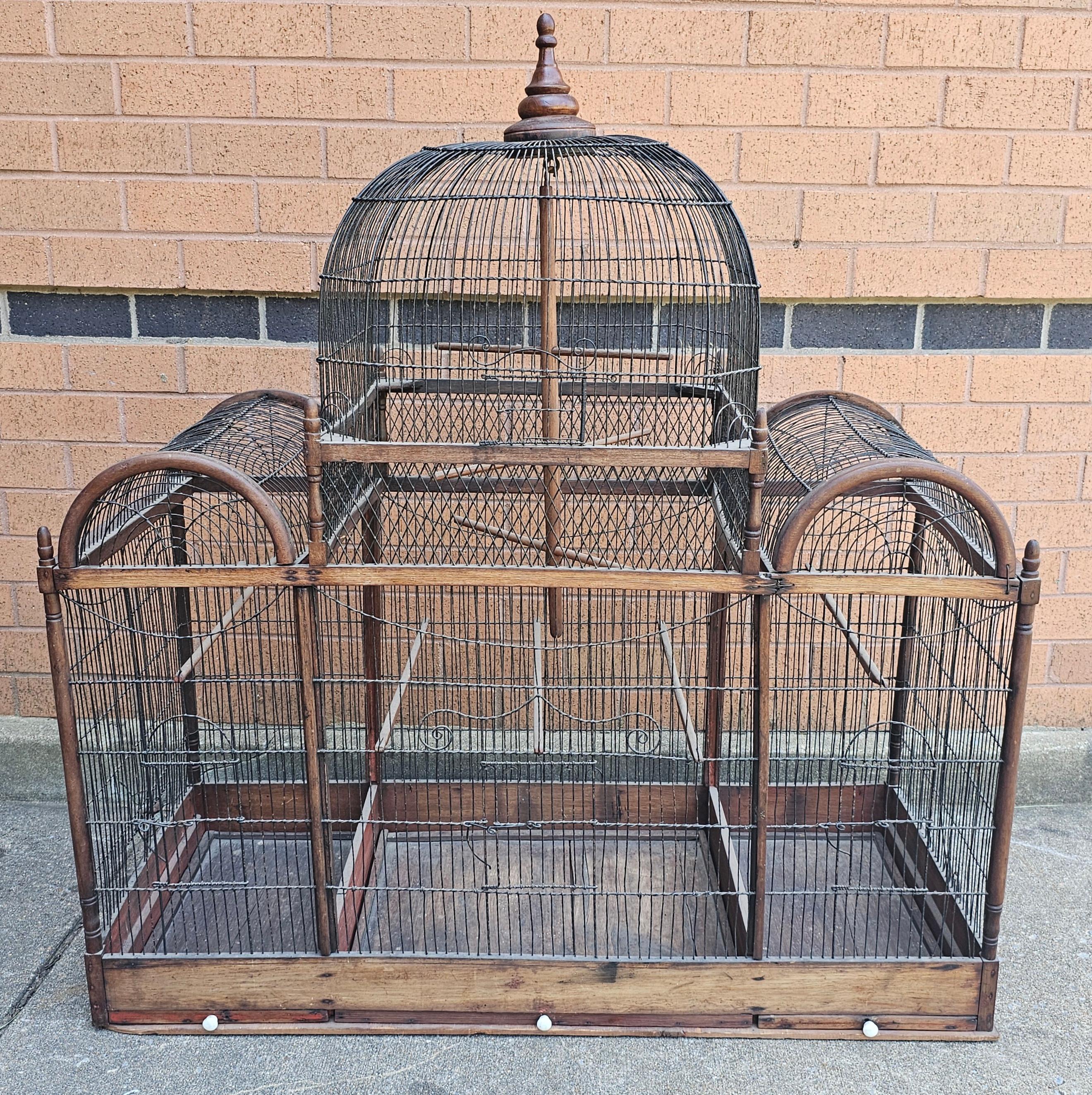 Late Victorian Victorian Stained Pine and Wired Metal Dome Top Bird Cage For Sale