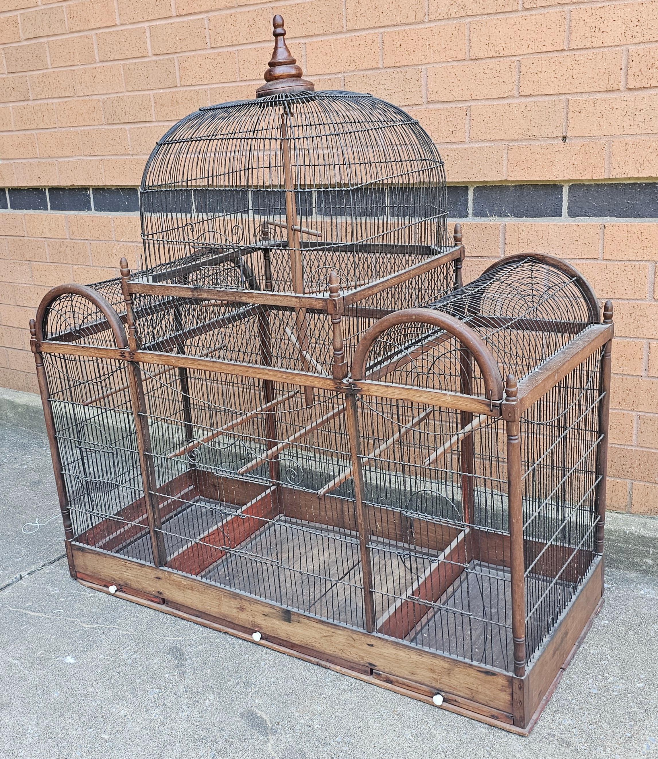 Unknown Victorian Stained Pine and Wired Metal Dome Top Bird Cage For Sale