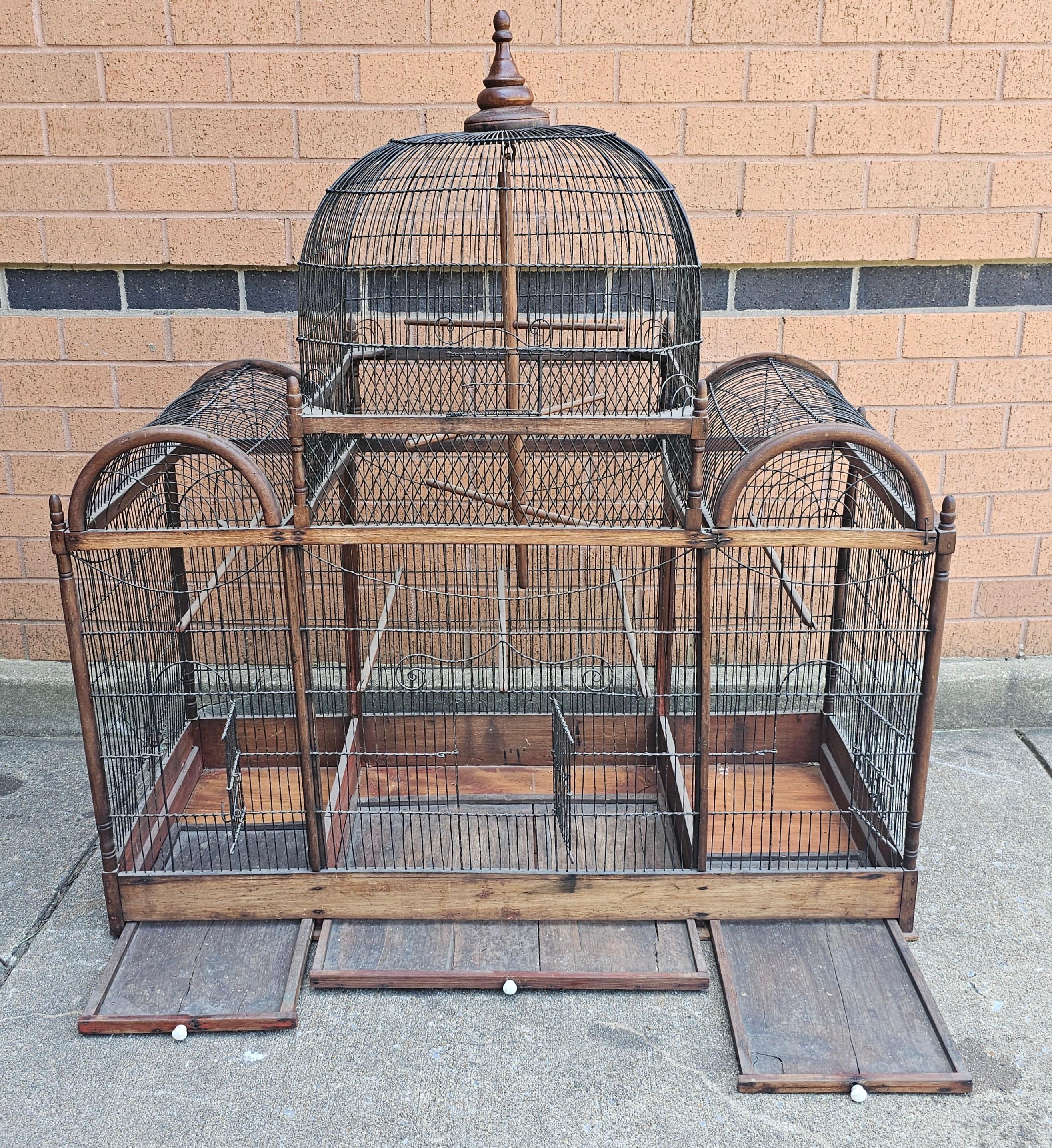 Victorian Stained Pine and Wired Metal Dome Top Bird Cage In Good Condition For Sale In Germantown, MD