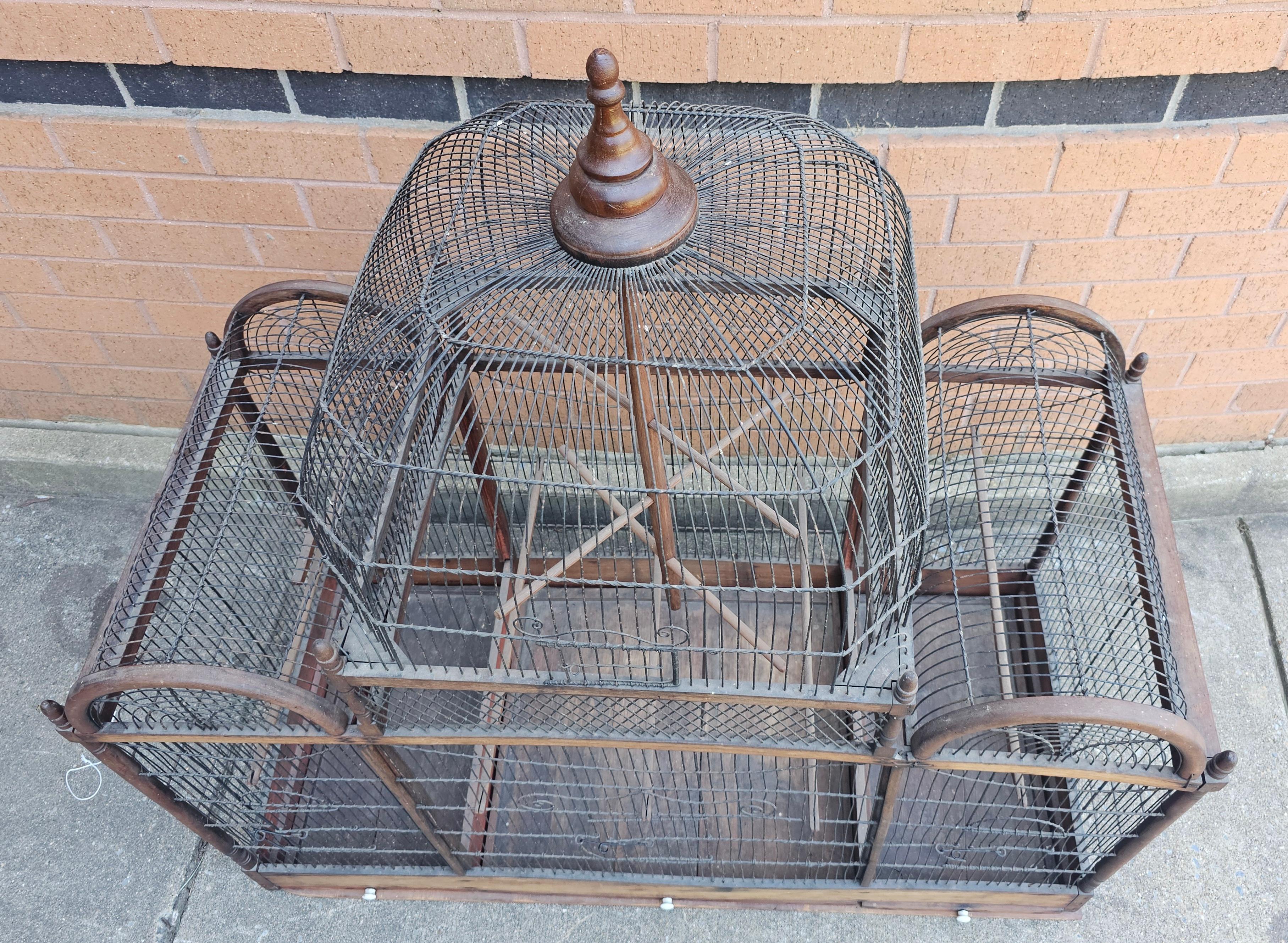 20th Century Victorian Stained Pine and Wired Metal Dome Top Bird Cage For Sale