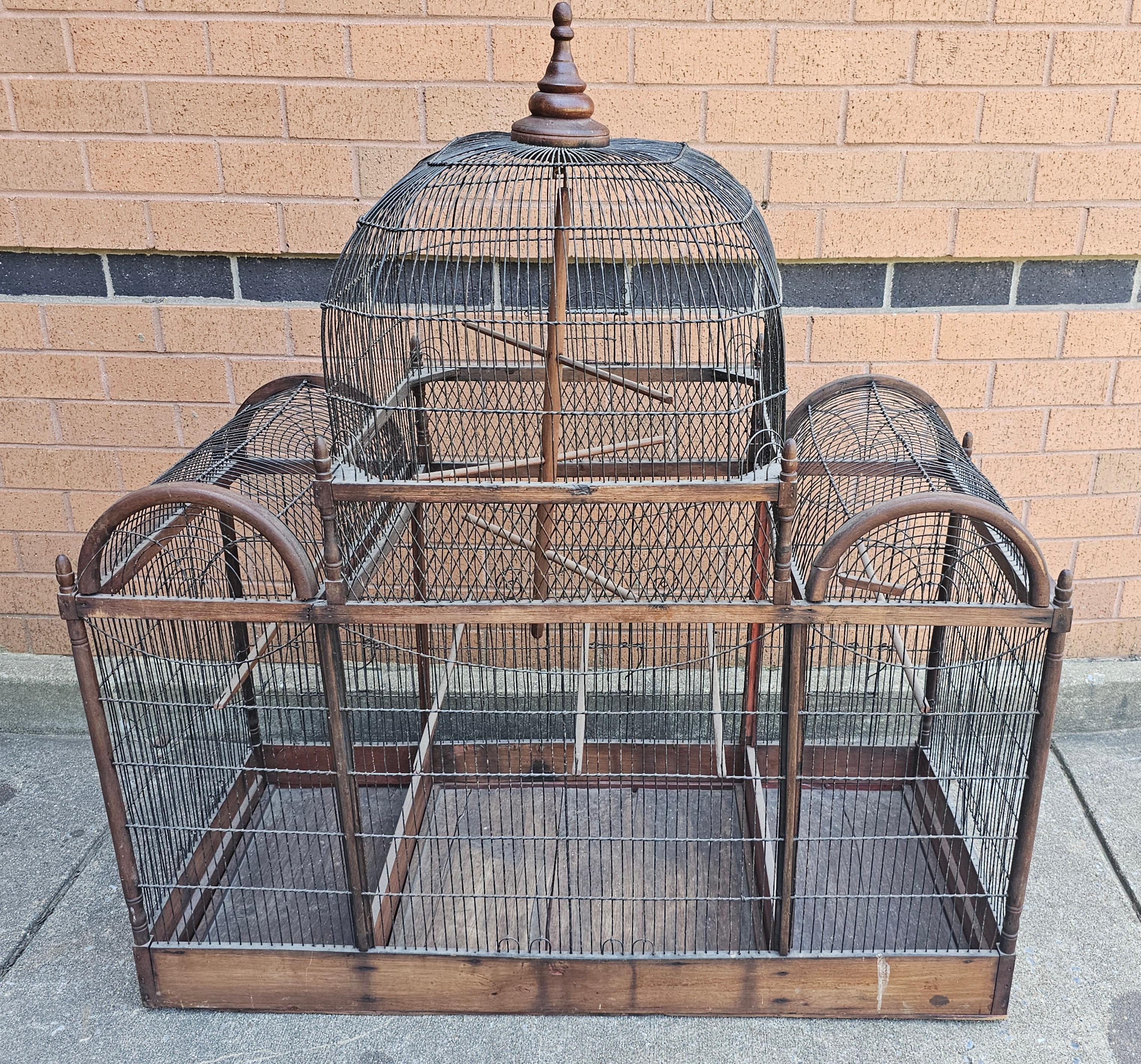 Victorian Stained Pine and Wired Metal Dome Top Bird Cage For Sale 1