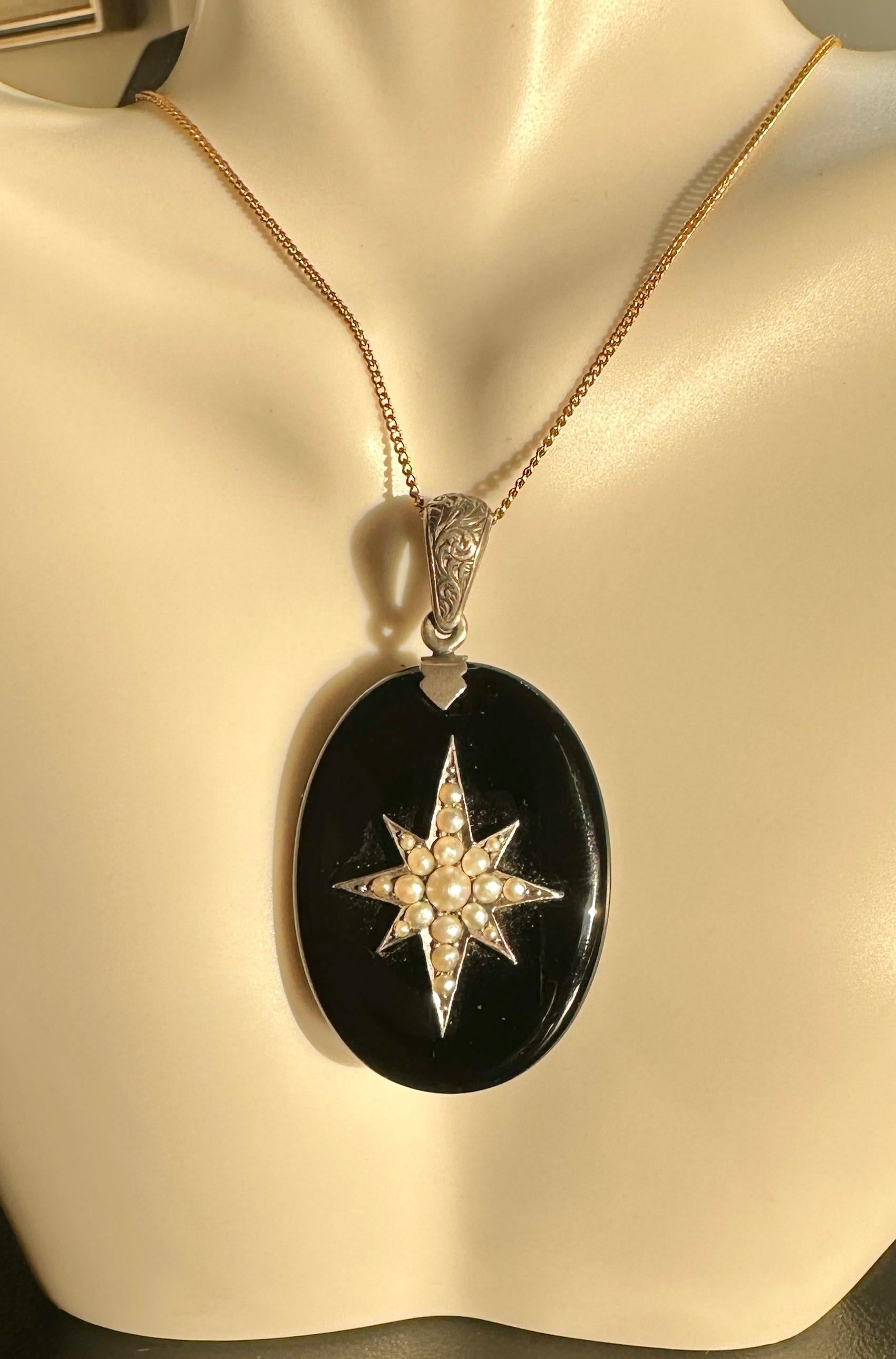 Women's or Men's Victorian Star Locket Black Onyx Pearl Engraved Silver Pendant Necklace For Sale
