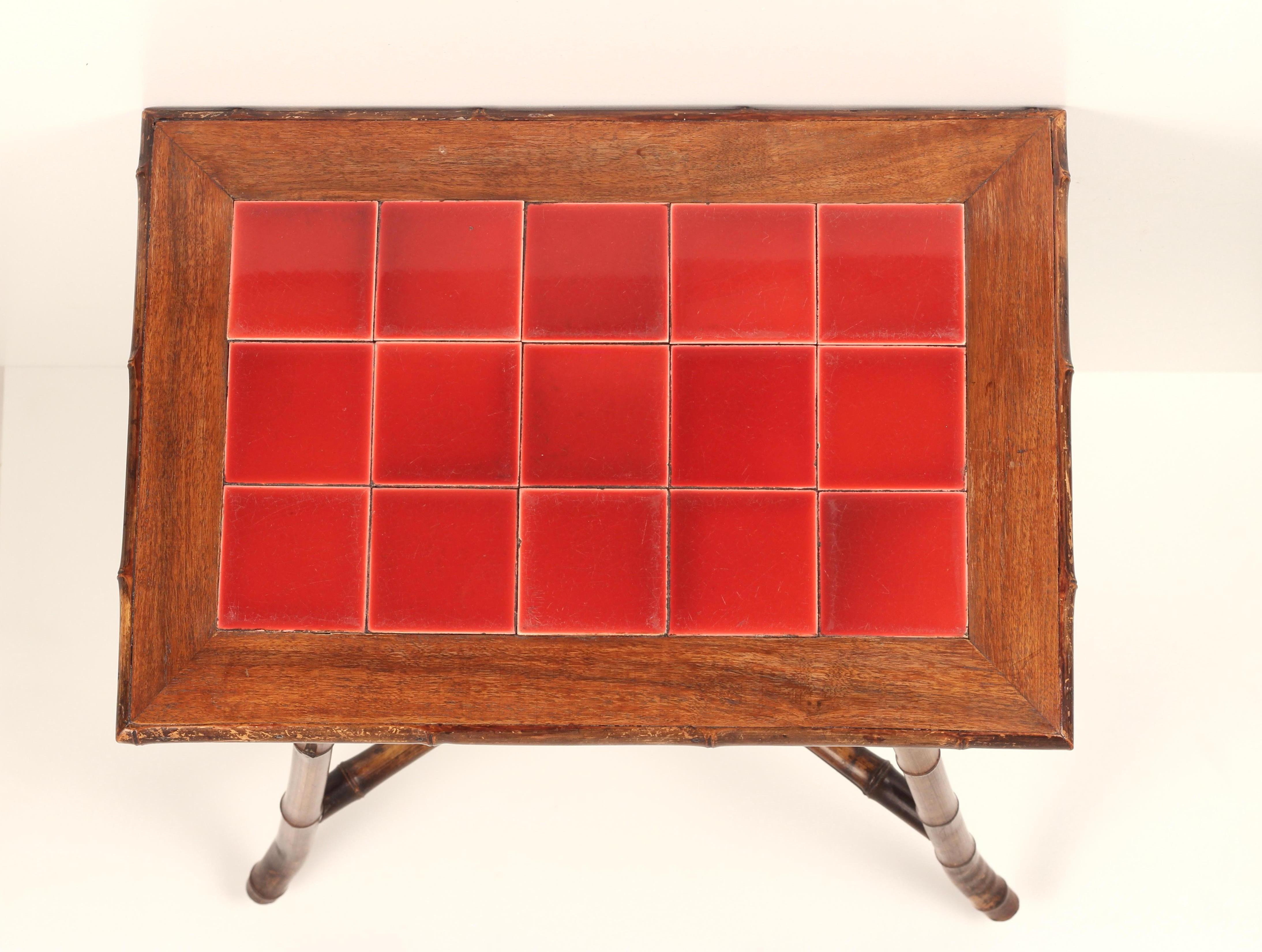 Boho Chic Steam Bent Bamboo Side Table with Deep Red Ceramic Tiled Top 1890’s For Sale 4