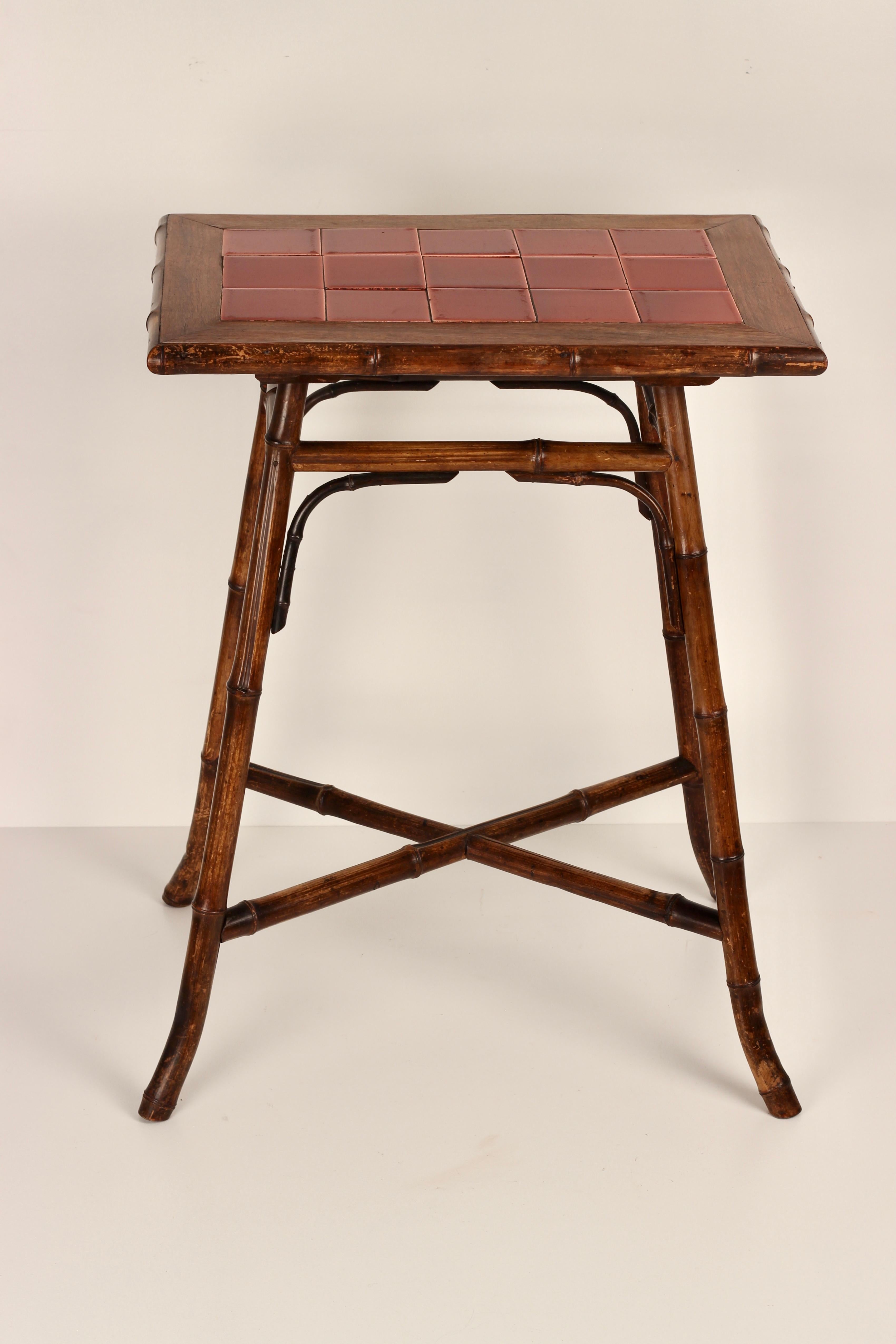 Bohemian Boho Chic Steam Bent Bamboo Side Table with Deep Red Ceramic Tiled Top 1890’s For Sale
