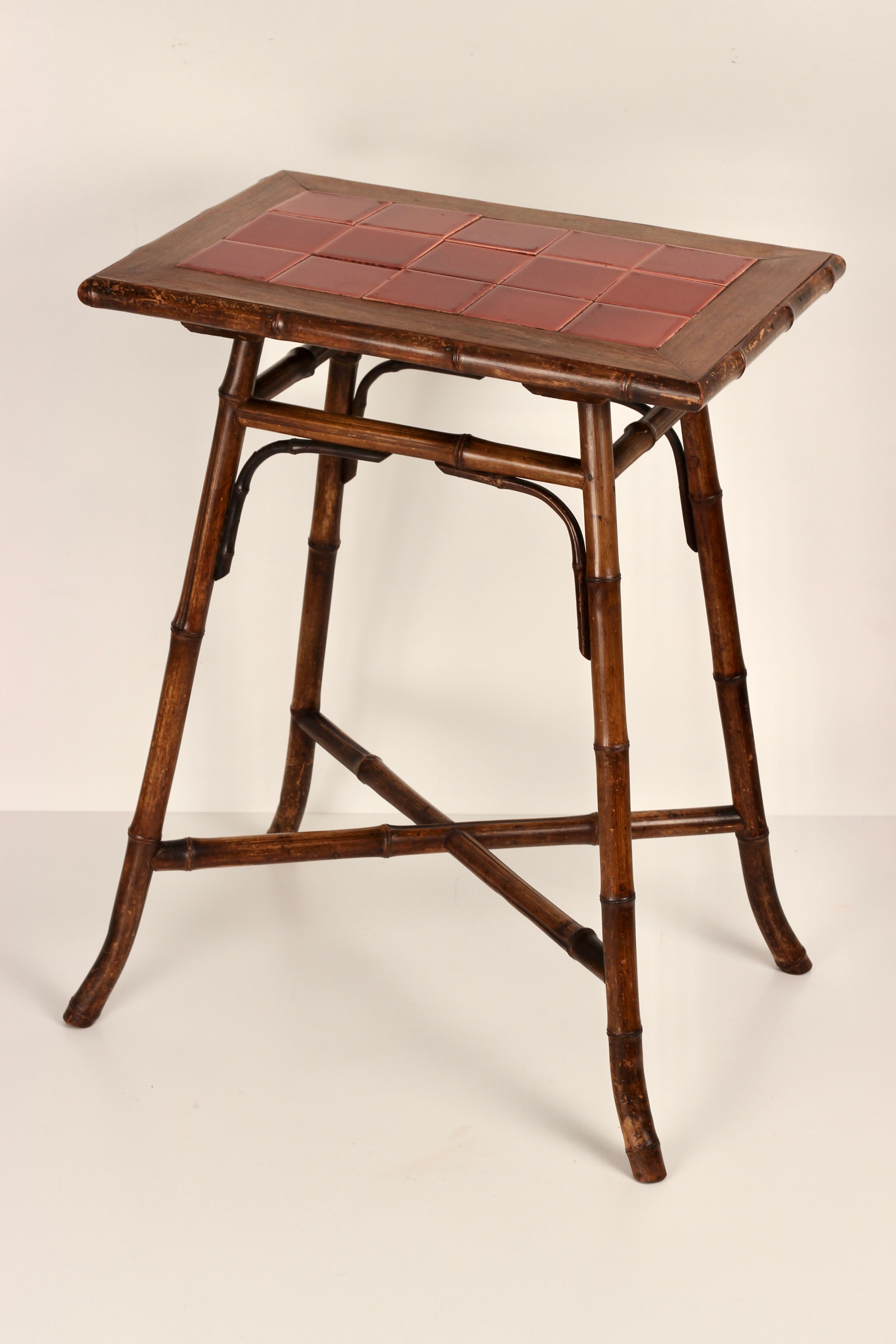 British Boho Chic Steam Bent Bamboo Side Table with Deep Red Ceramic Tiled Top 1890’s For Sale