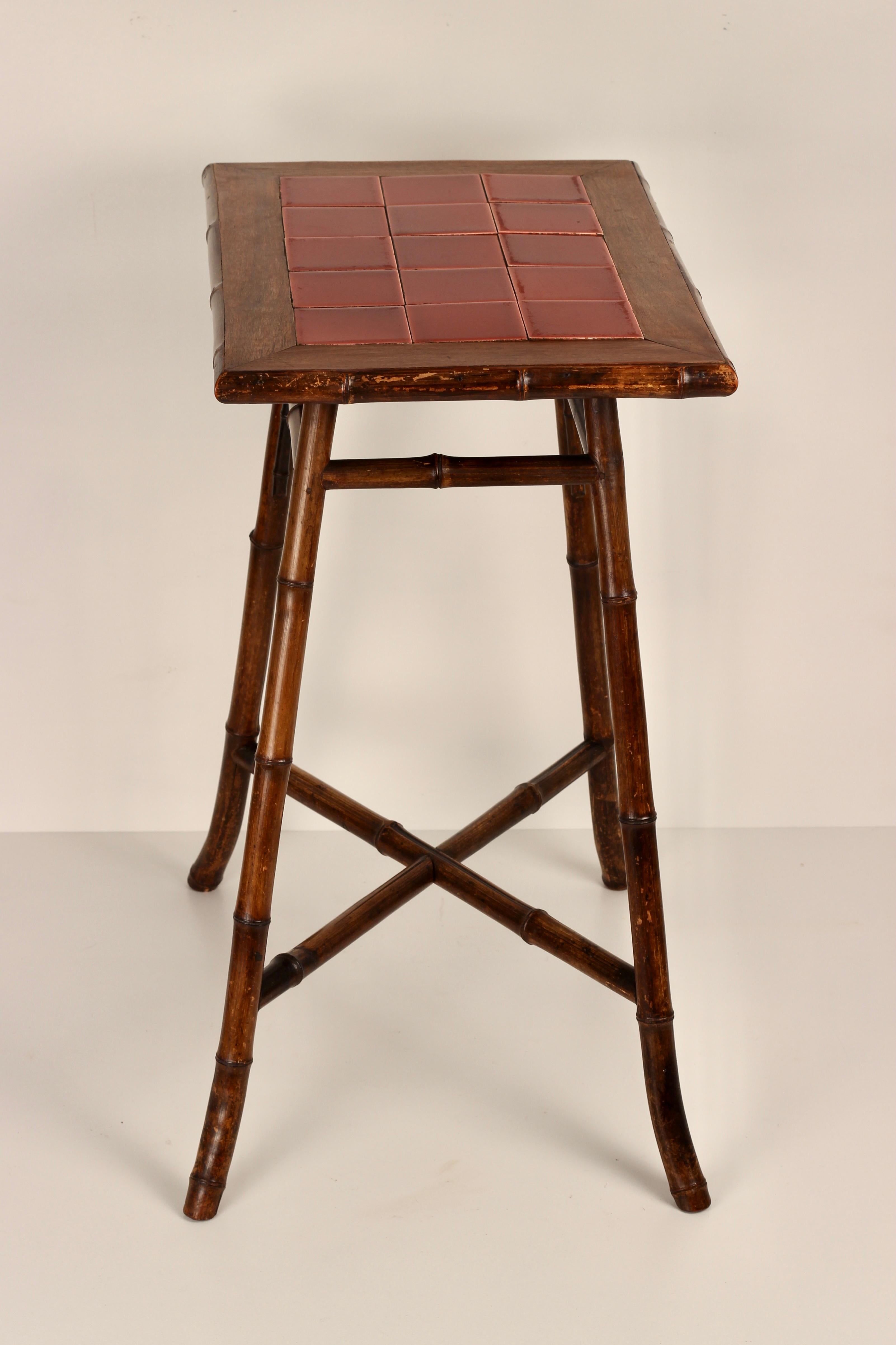 Boho Chic Steam Bent Bamboo Side Table with Deep Red Ceramic Tiled Top 1890’s In Good Condition For Sale In London, GB