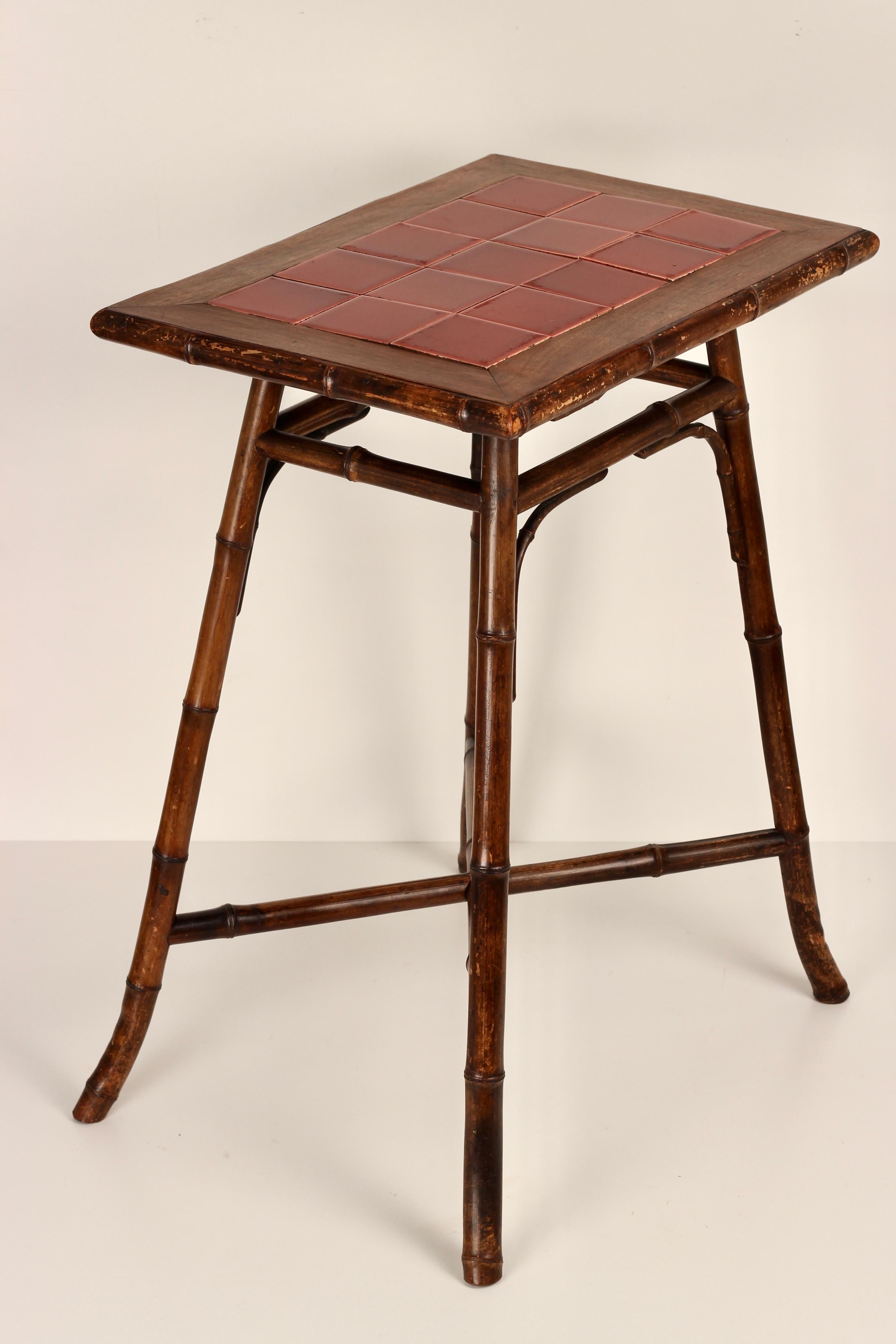 Late 19th Century Boho Chic Steam Bent Bamboo Side Table with Deep Red Ceramic Tiled Top 1890’s For Sale