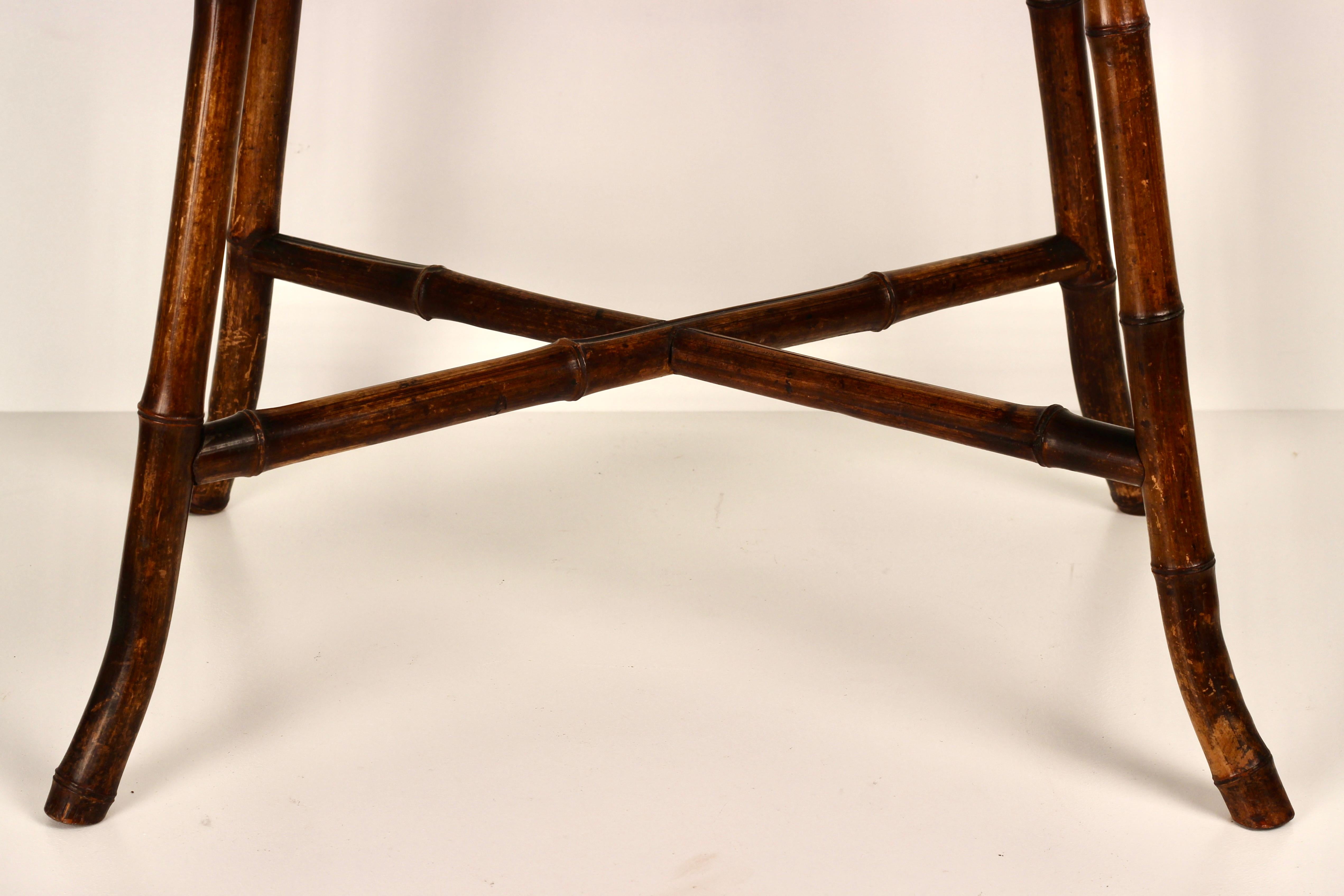 Boho Chic Steam Bent Bamboo Side Table with Deep Red Ceramic Tiled Top 1890’s For Sale 1