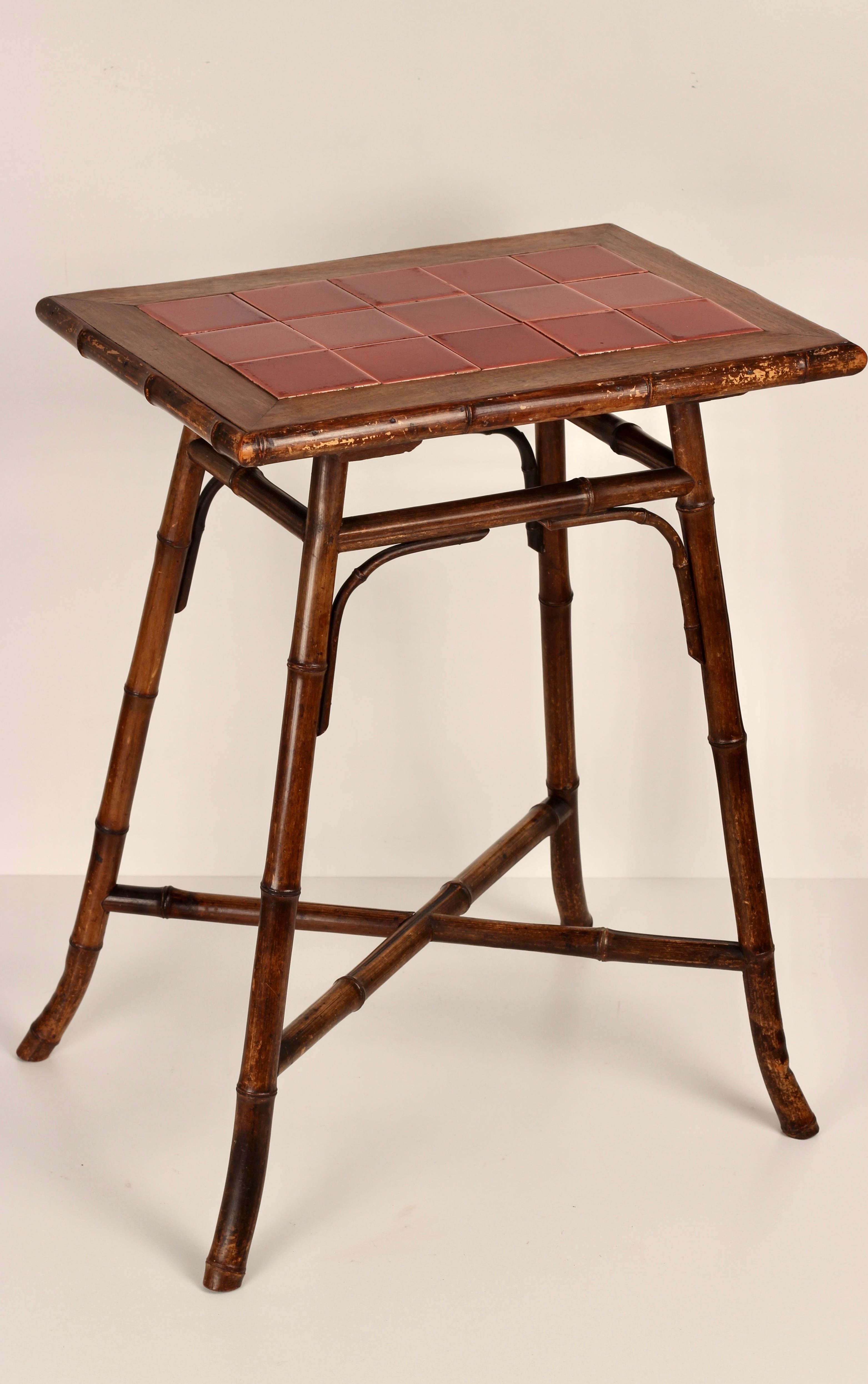 Boho Chic Steam Bent Bamboo Side Table with Deep Red Ceramic Tiled Top 1890’s For Sale 2
