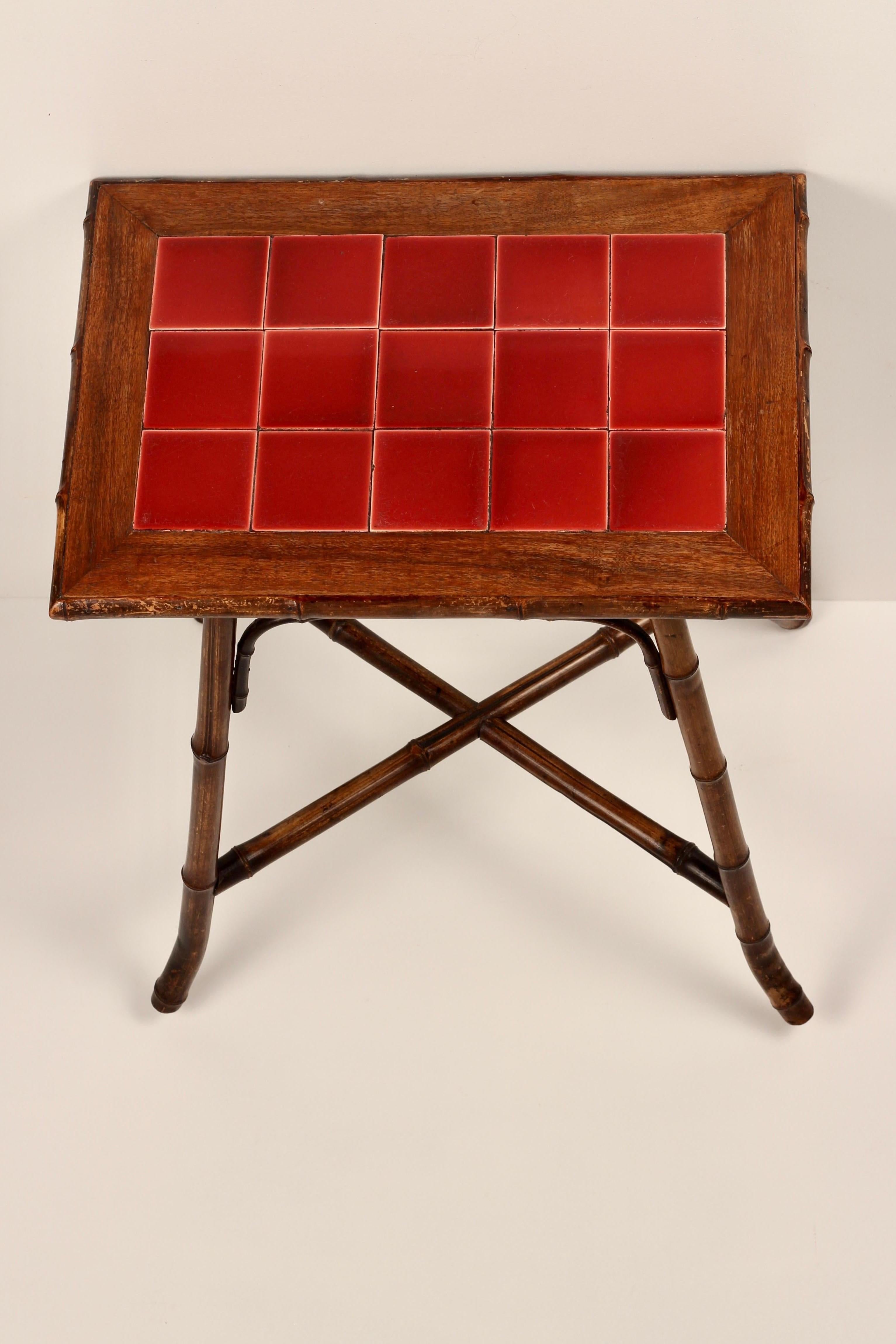 Boho Chic Steam Bent Bamboo Side Table with Deep Red Ceramic Tiled Top 1890’s For Sale 3