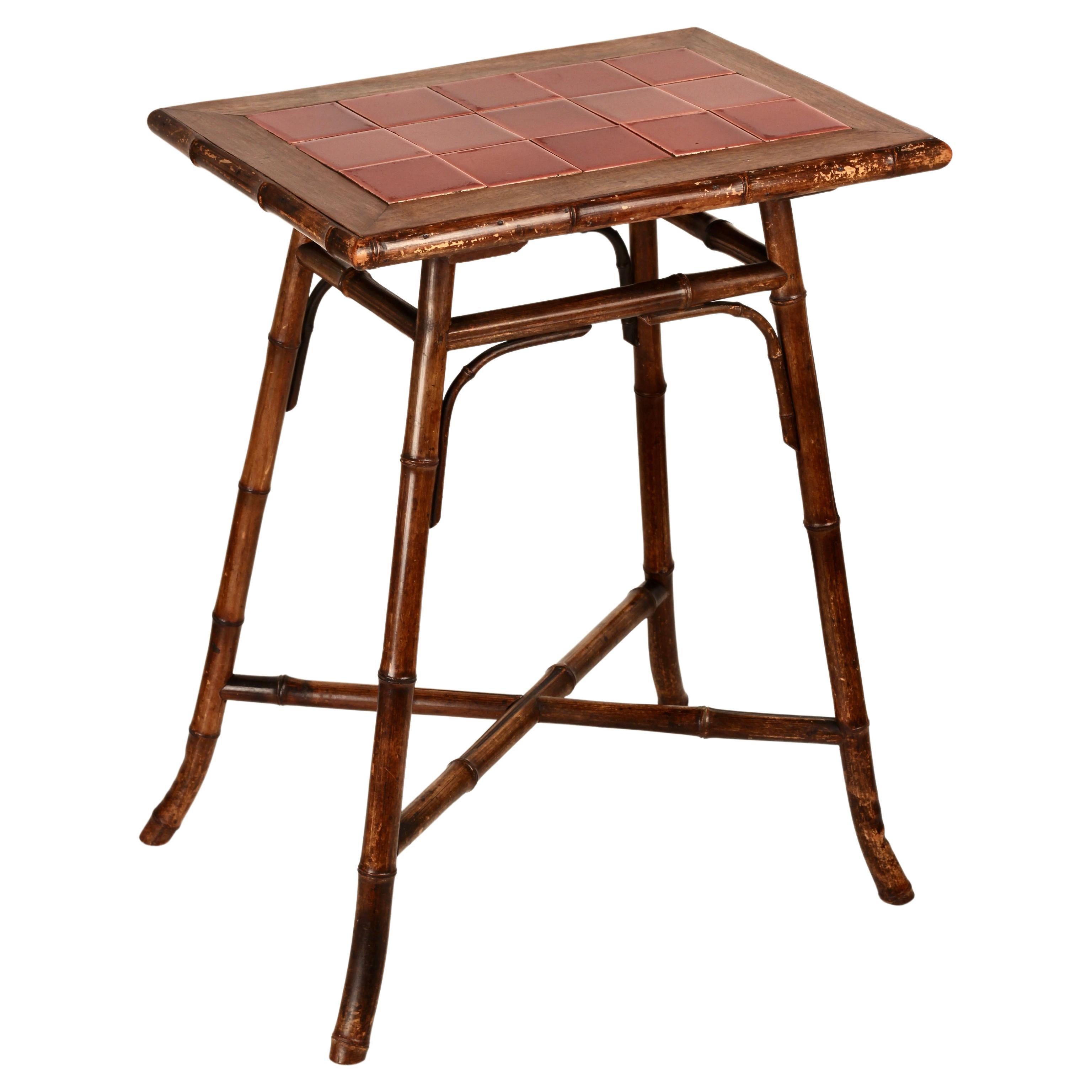 Boho Chic Steam Bent Bamboo Side Table with Deep Red Ceramic Tiled Top 1890’s For Sale