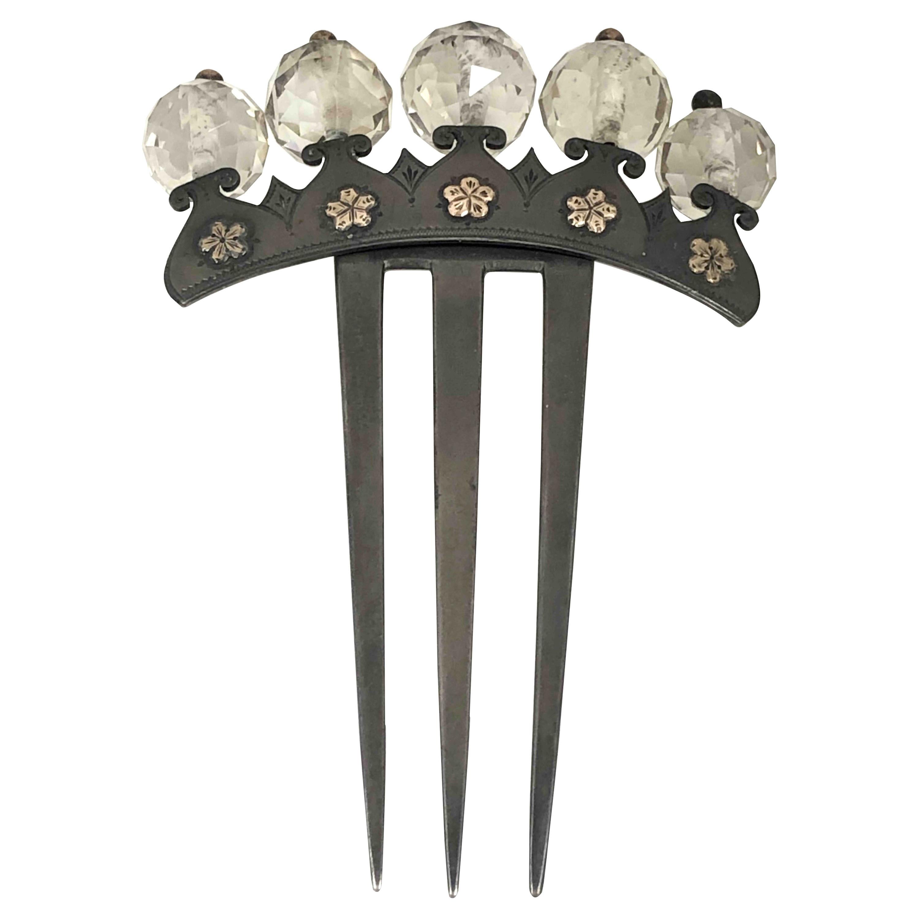 Victorian Steel Gold and Crystal Hair Comb Ornament For Sale