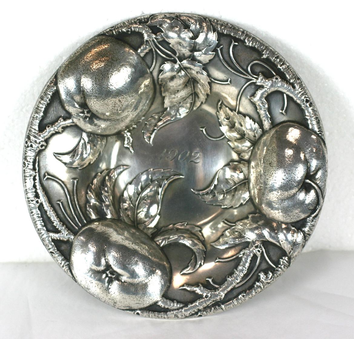 Victorian sterling dish by Alvin of high relief apples, branches and leaves. Amazing detail and quality. Monogrammed 1902. Wonderful gift. 
6.5
