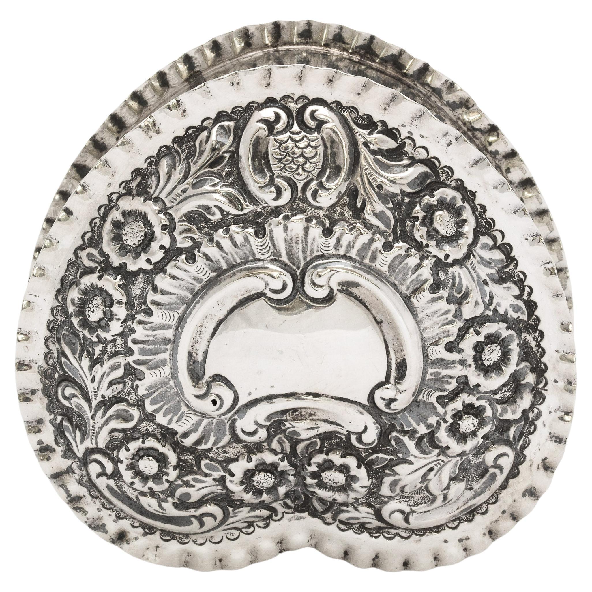 Gilt Victorian Sterling Heart-Form Trinkets Box with Hinged Lid