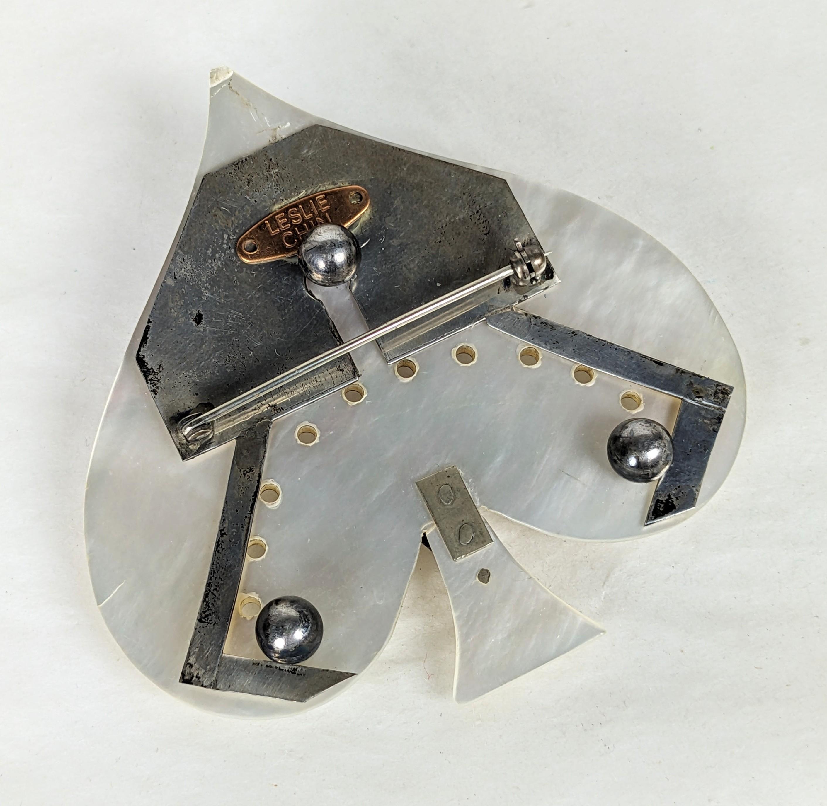 Victorian Sterling Mother of Pearl Spade Brooch, Studio VL For Sale 1