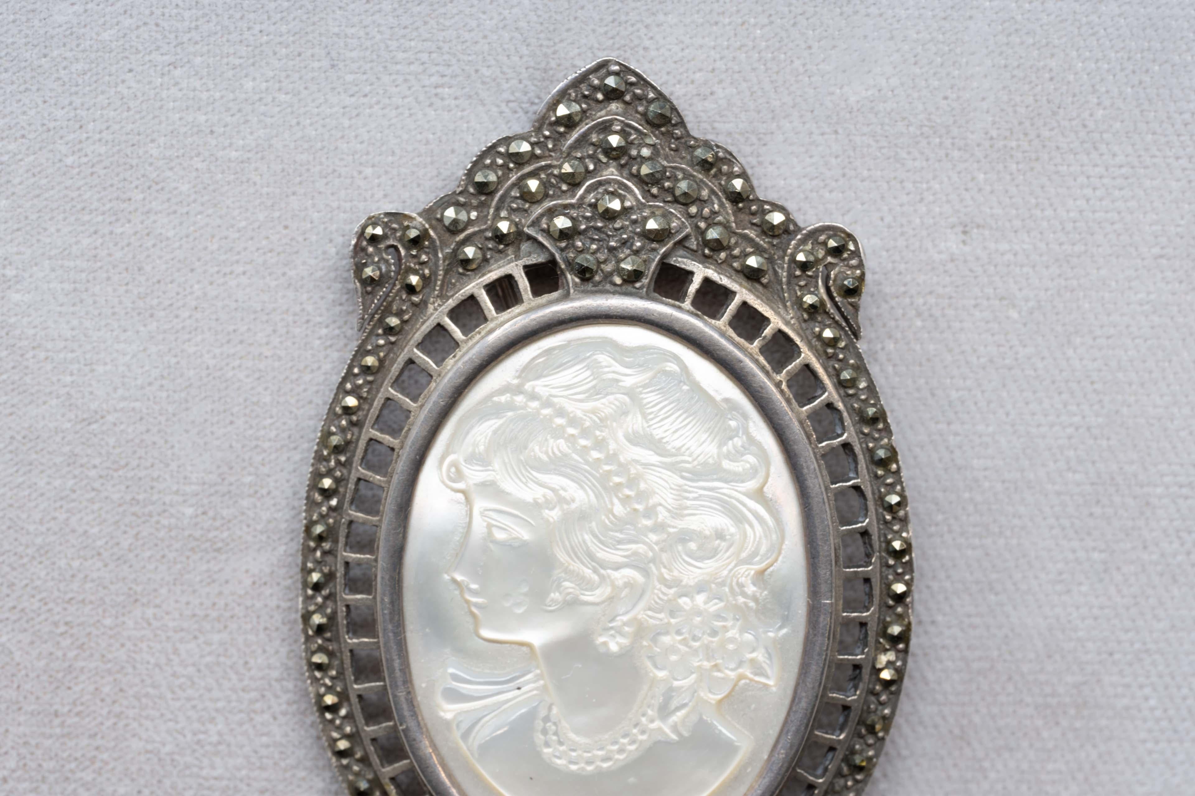 Round Cut Victorian Sterling Pendant Carved Lady Figure and Marcasite For Sale