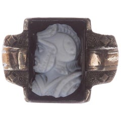 Antique Victorian Sterling Silver 10 Karat Carved Agate Cameo Perseus Ring