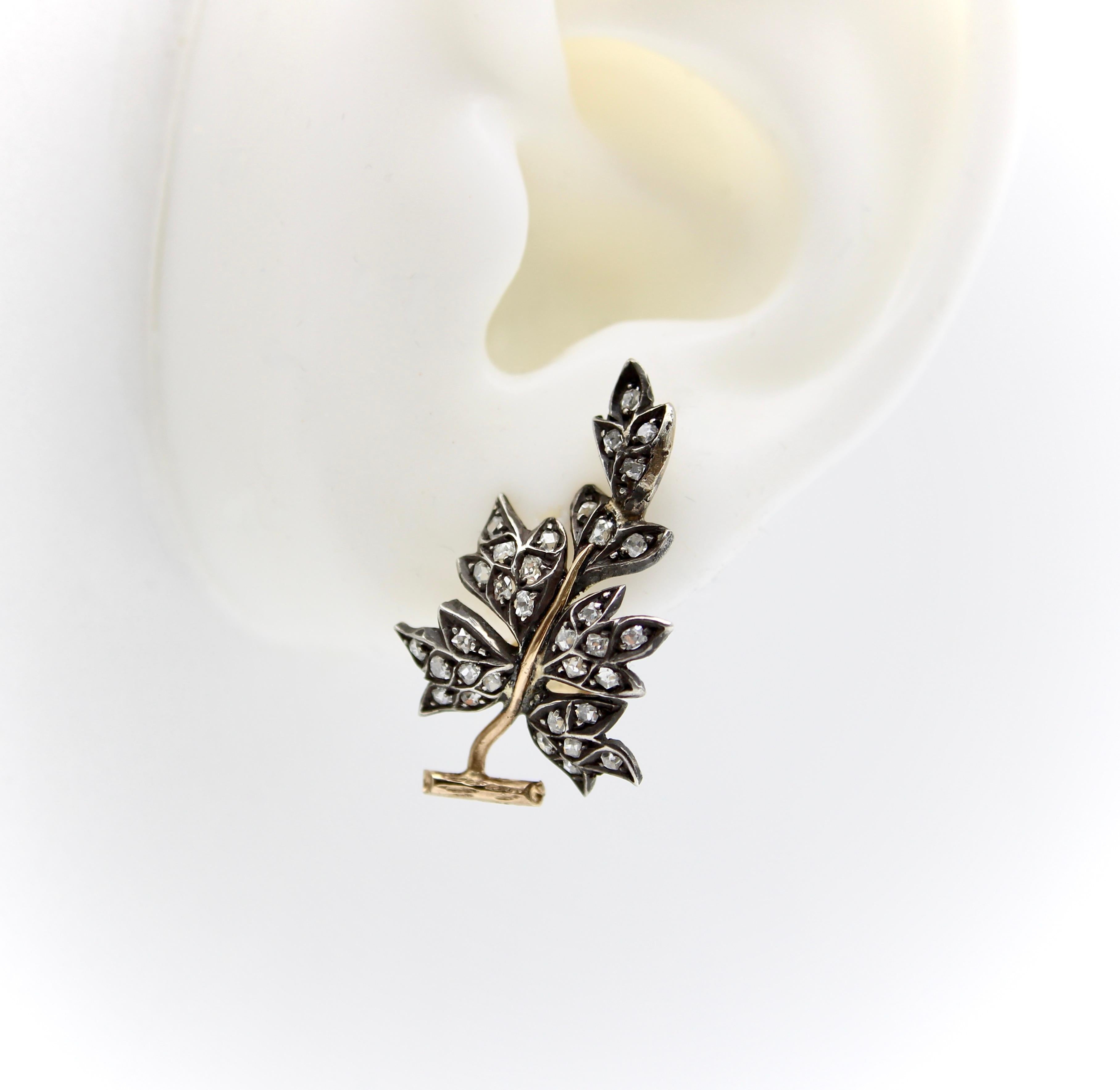 Late Victorian Victorian Sterling Silver & 14K Gold Diamond Leaf Earrings For Sale