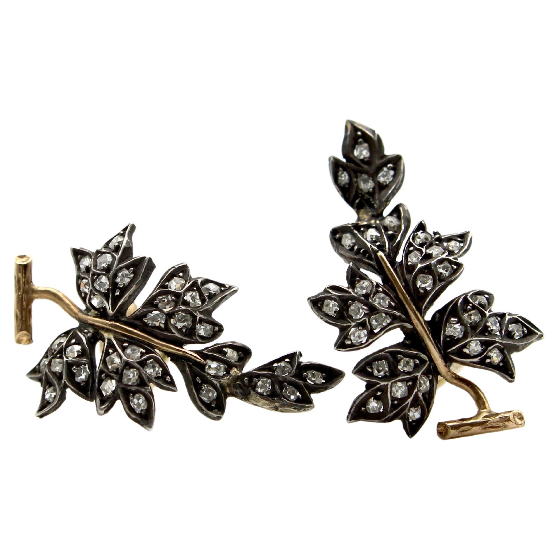 Victorian Sterling Silver & 14K Gold Diamond Leaf Earrings For Sale
