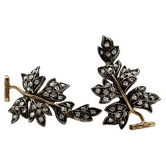 Antique Victorian Sterling Silver & 14K Gold Diamond Leaf Earrings