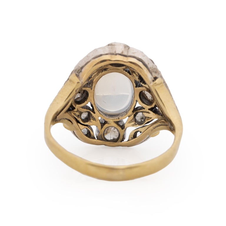 Cabochon Victorian Sterling Silver and 18K Gold Moonstone and Diamond Statement Ring  For Sale