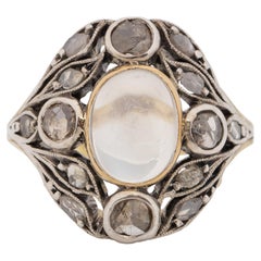 Victorian Sterling Silver and 18K Gold Moonstone and Diamond Statement Ring 
