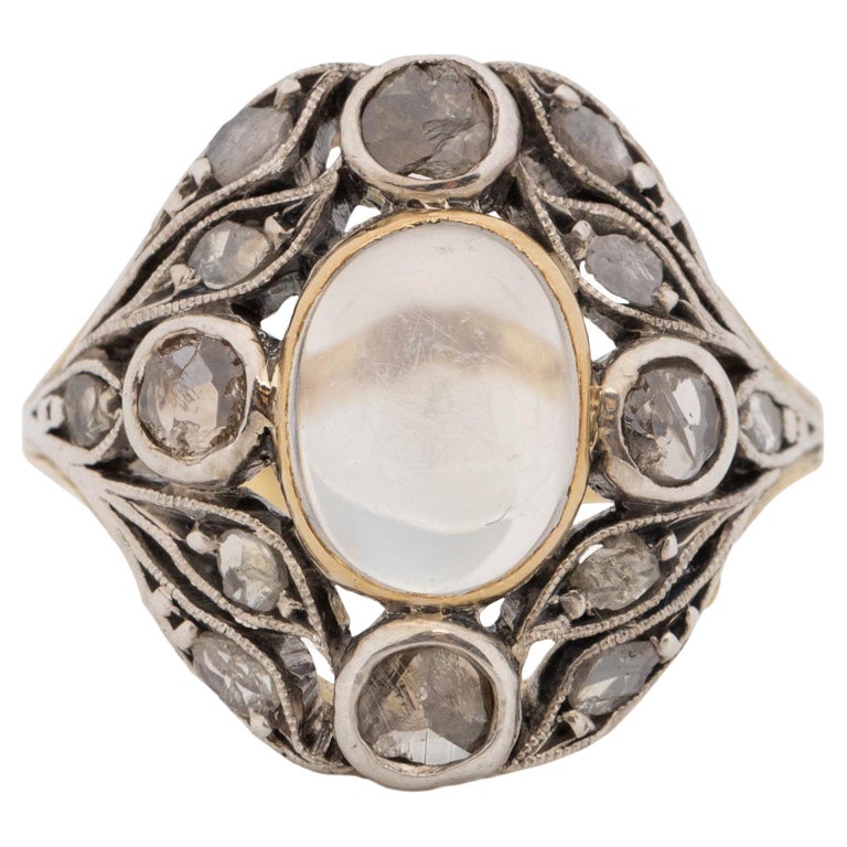 Victorian Sterling Silver and 18K Gold Moonstone and Diamond Statement Ring  For Sale