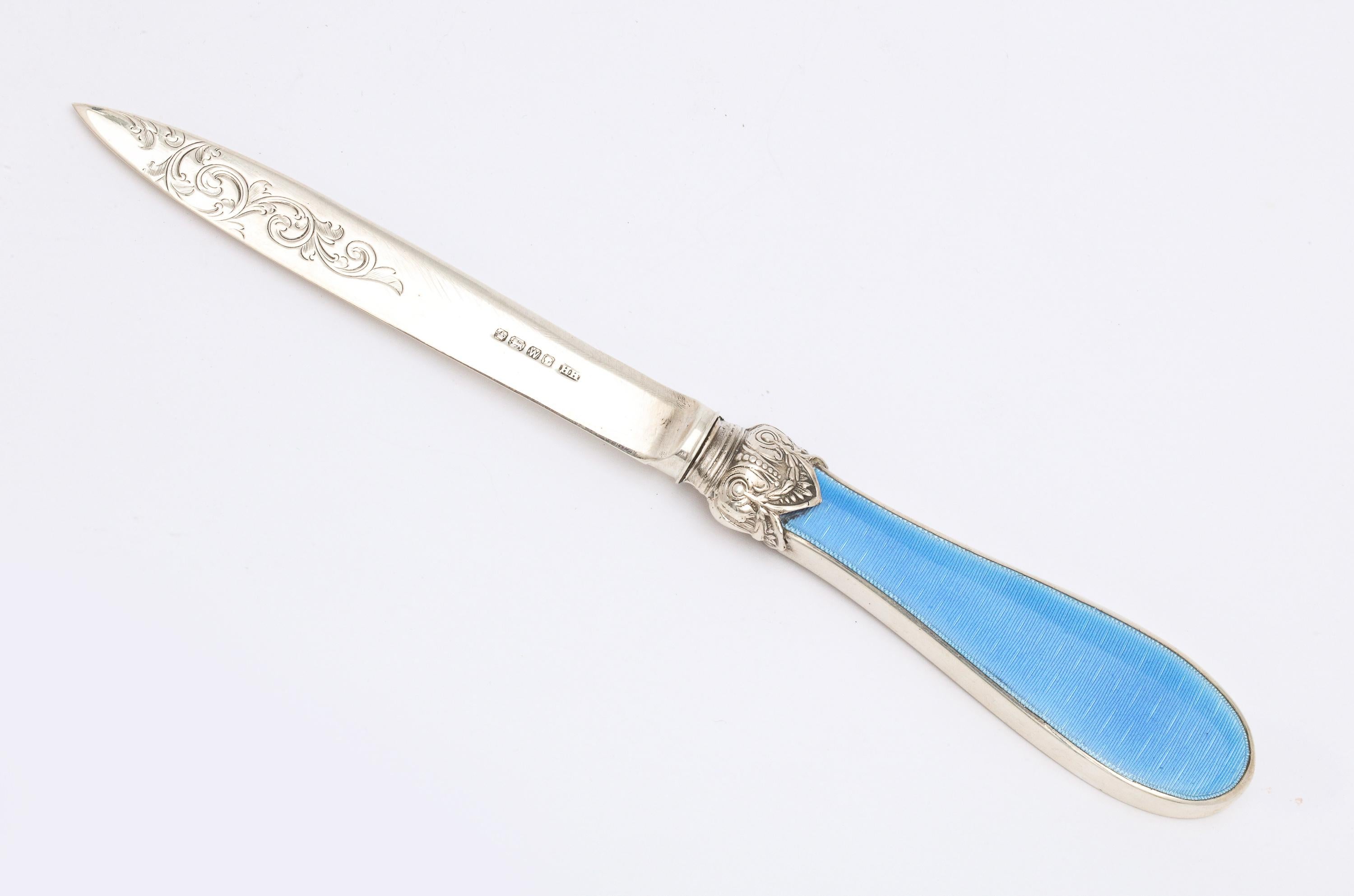 Victorian, sterling silver and blue guilloche enamel - mounted letter / opener paper knife, Sheffield, England, year-hallmarked for 1889, Henry Harrison - maker. Measures over 8 3/4 inches long x almost 1 1/4 inches wide at widest point x almost 1/2