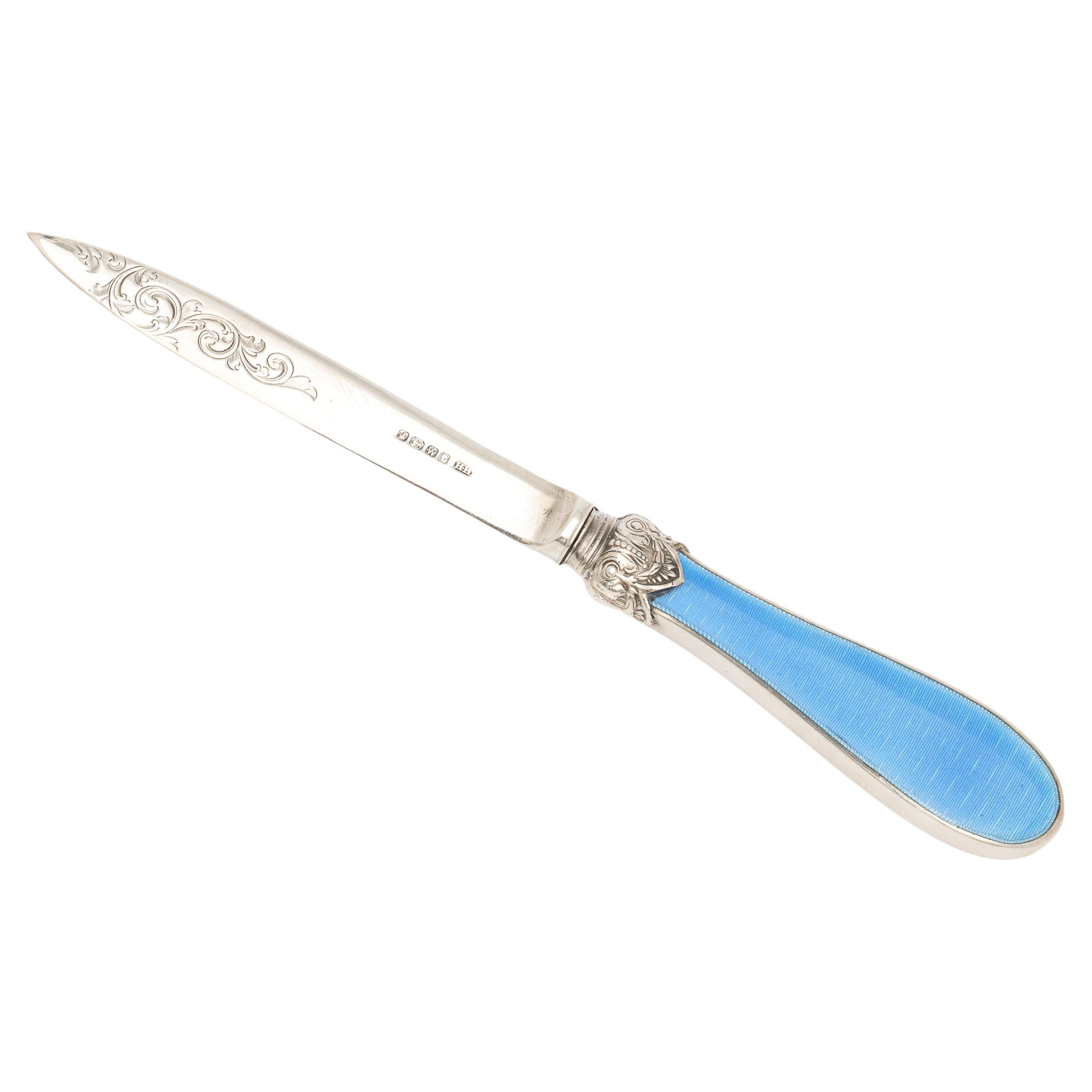Victorian Sterling Silver and Blue Enamel, Mounted Letter Opener / Paper Knife