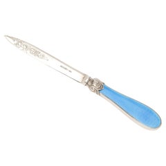 Antique Victorian Sterling Silver and Blue Enamel, Mounted Letter Opener / Paper Knife