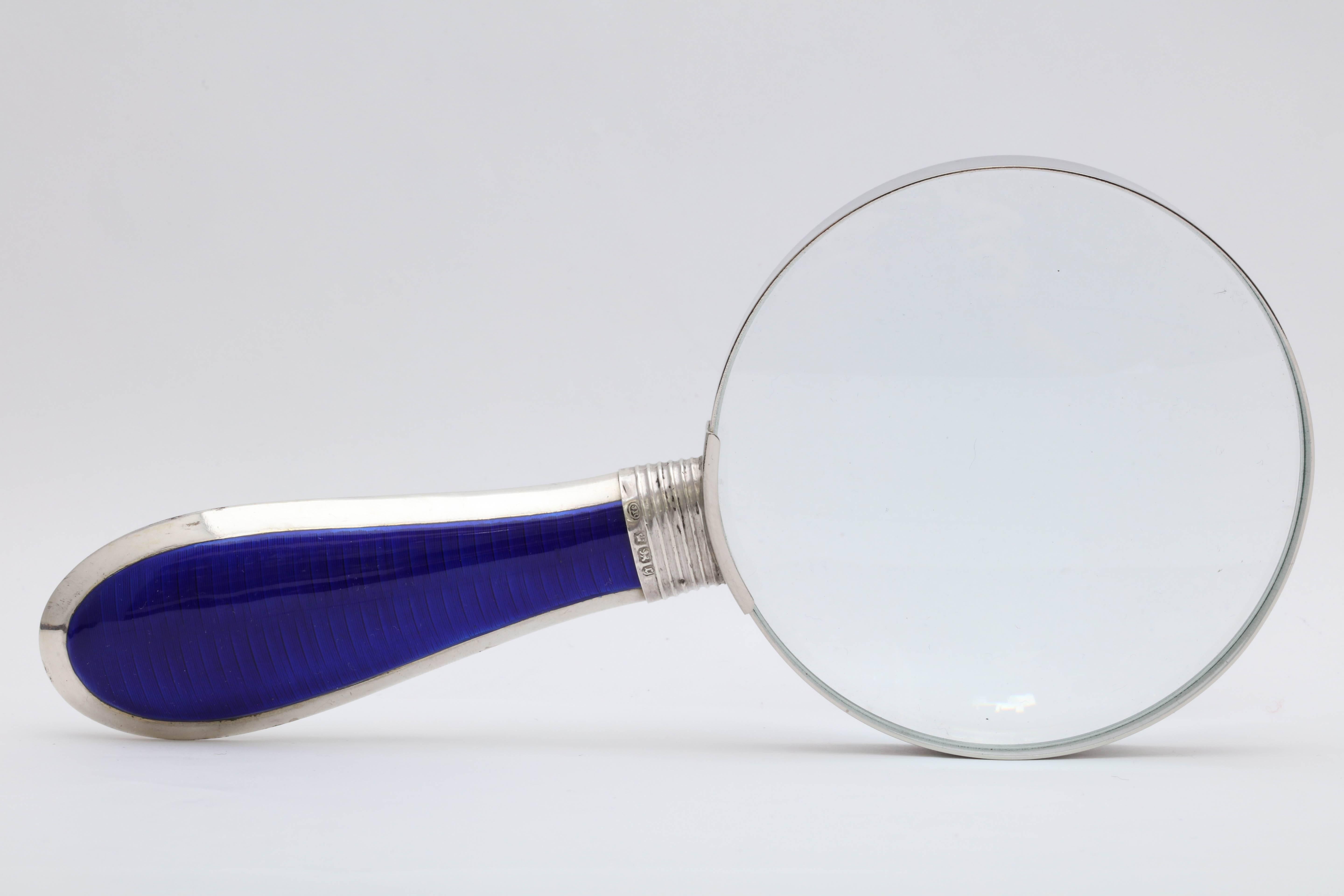 Late 19th Century Victorian Sterling Silver and Deep Cobalt Blue Enamel-Mounted Magnifying Glass