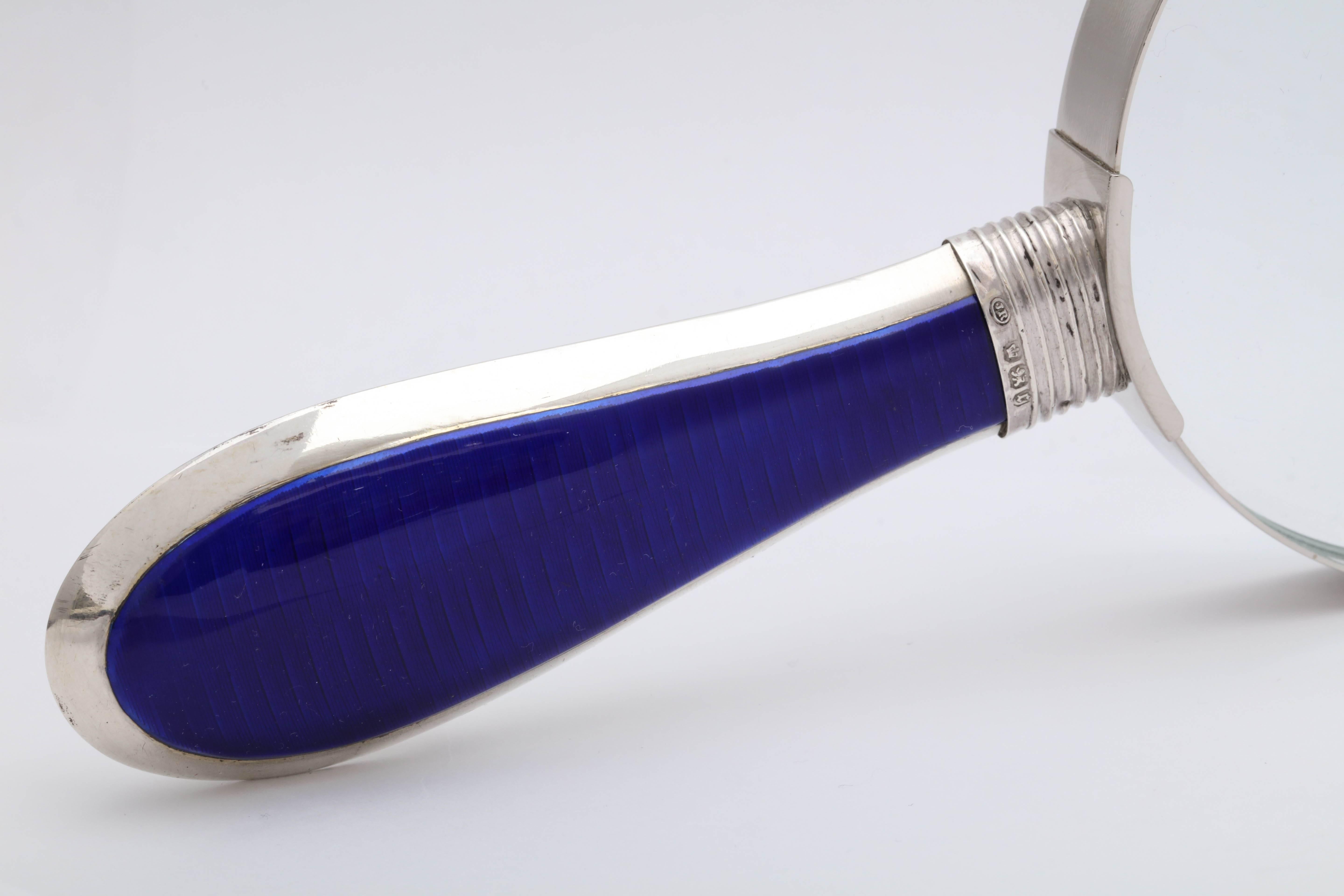 Victorian Sterling Silver and Deep Cobalt Blue Enamel-Mounted Magnifying Glass 1