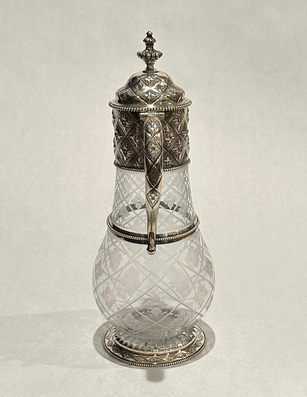 Victorian Sterling Silver And Etched Glass Claret Jug, London In Good Condition For Sale In Norwood, NJ