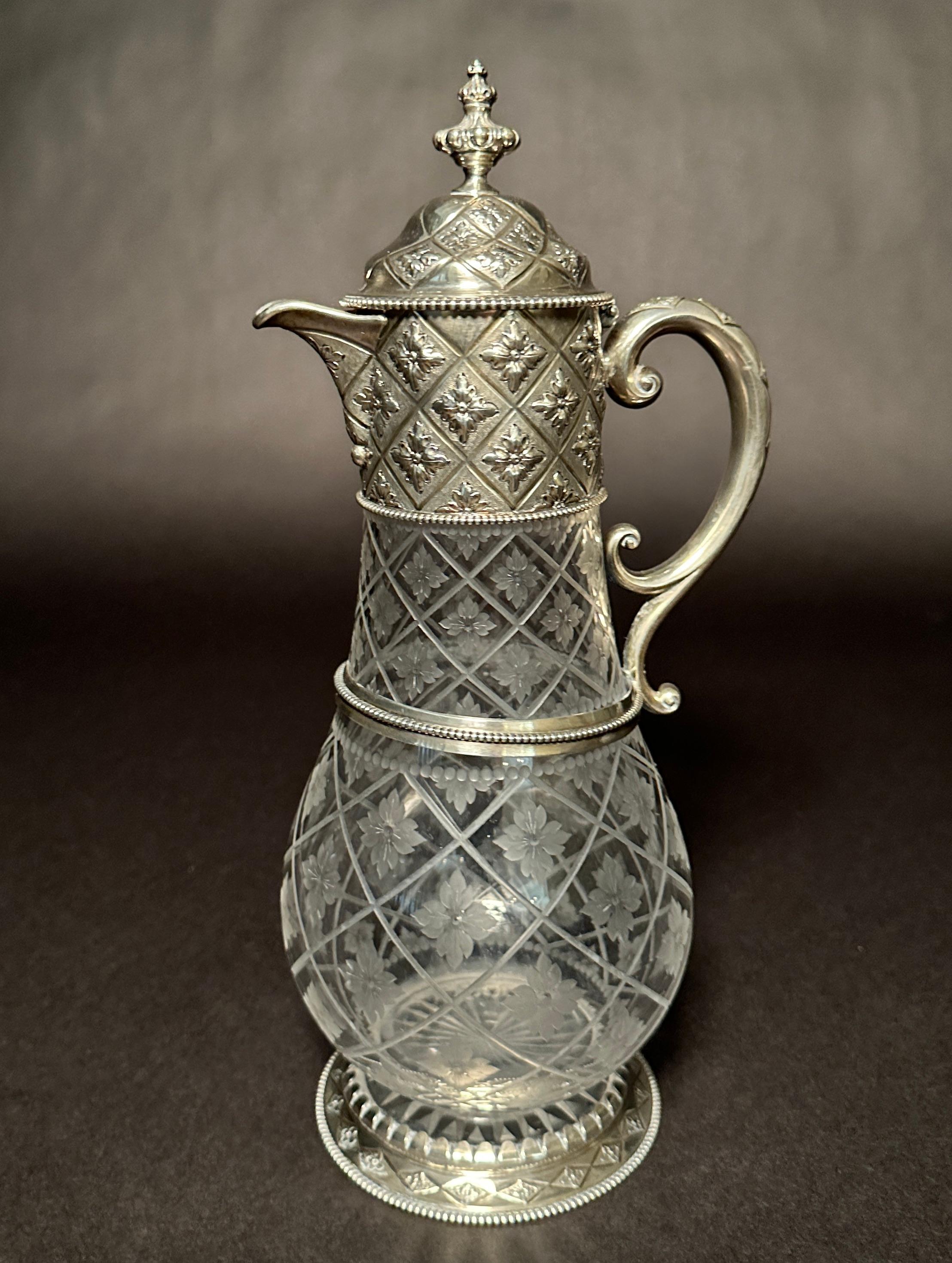 Mid-19th Century Victorian Sterling Silver And Etched Glass Claret Jug, London For Sale