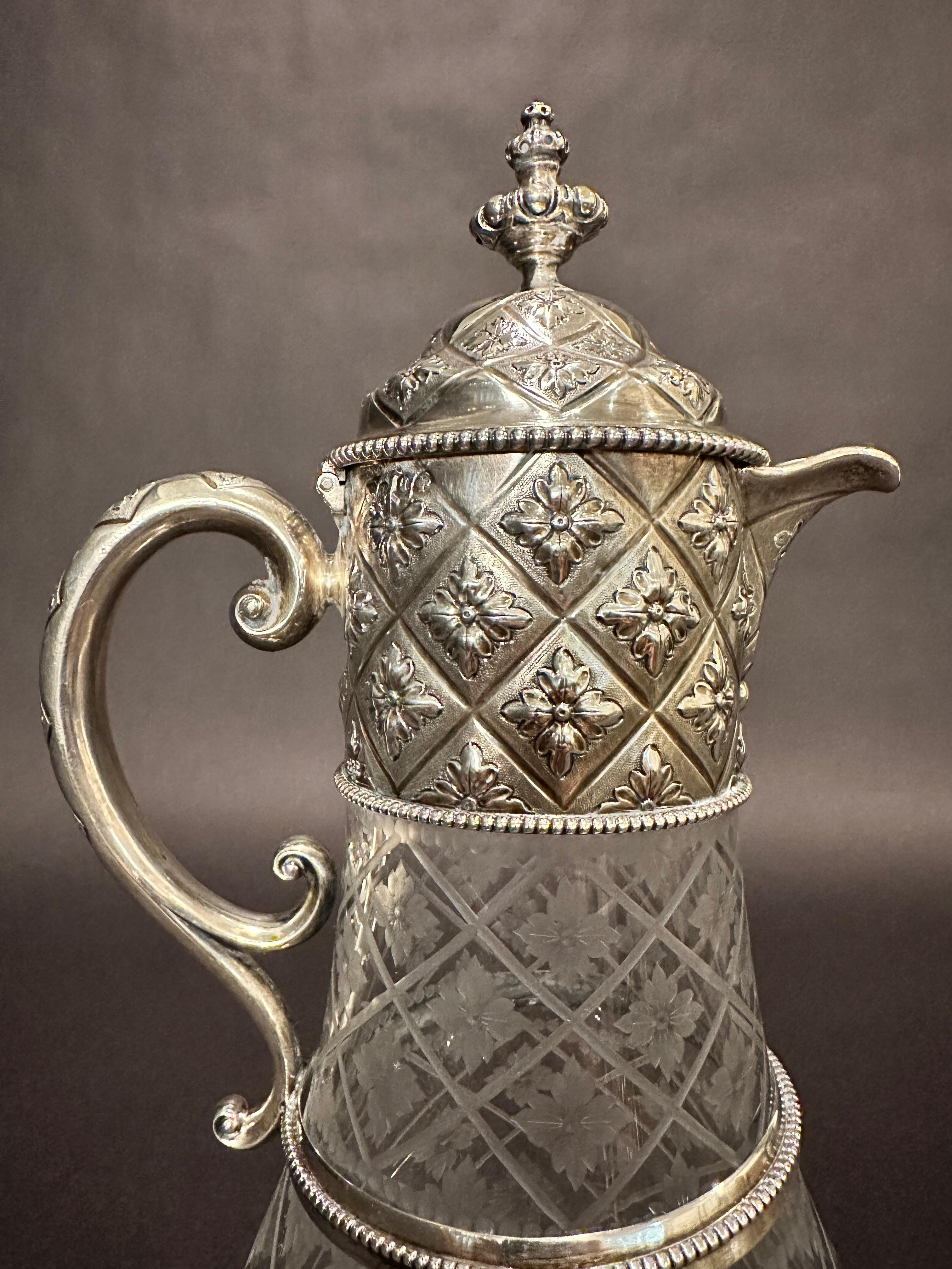 Victorian Sterling Silver And Etched Glass Claret Jug, London For Sale 1