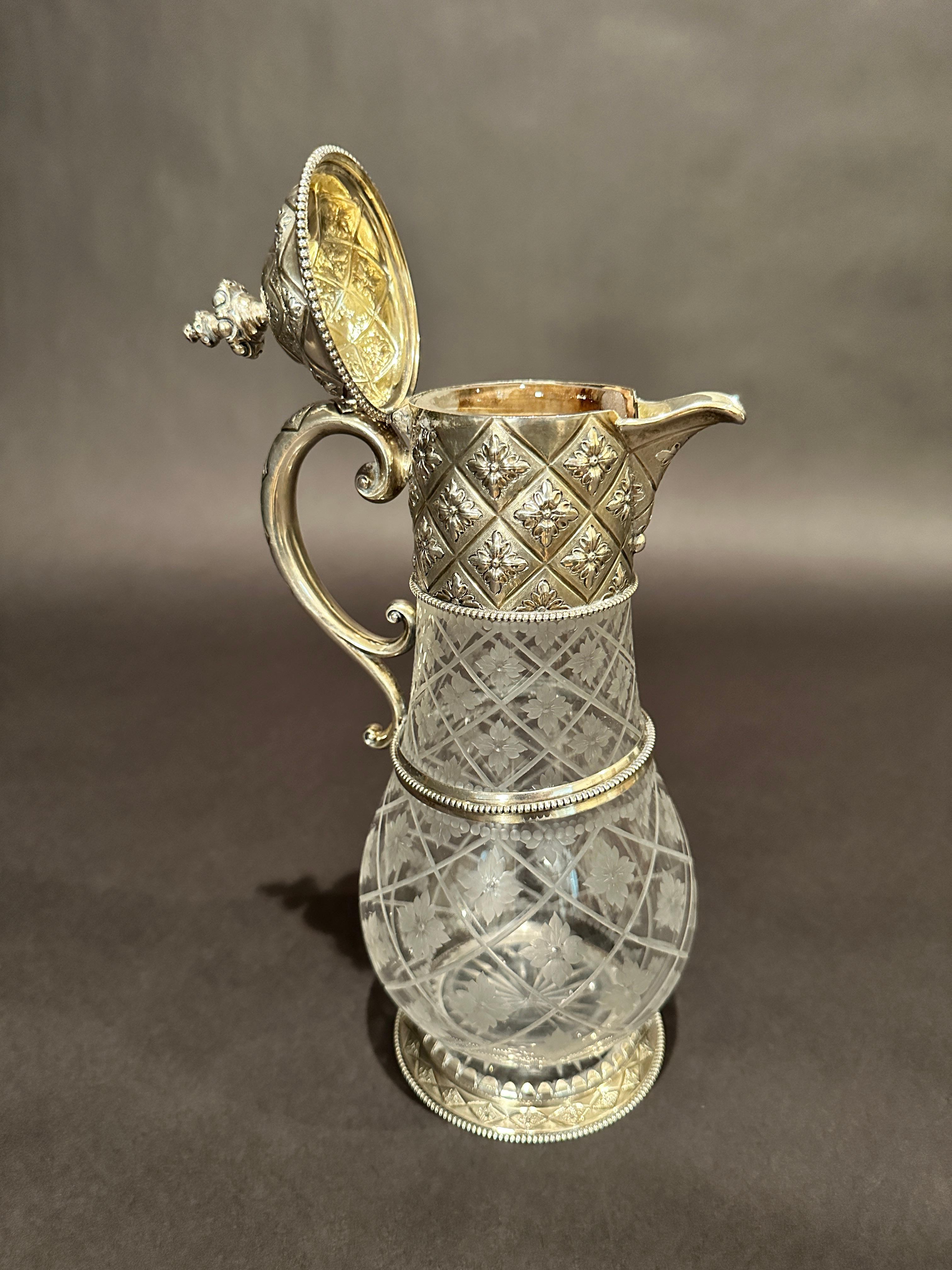Victorian Sterling Silver And Etched Glass Claret Jug, London For Sale 4
