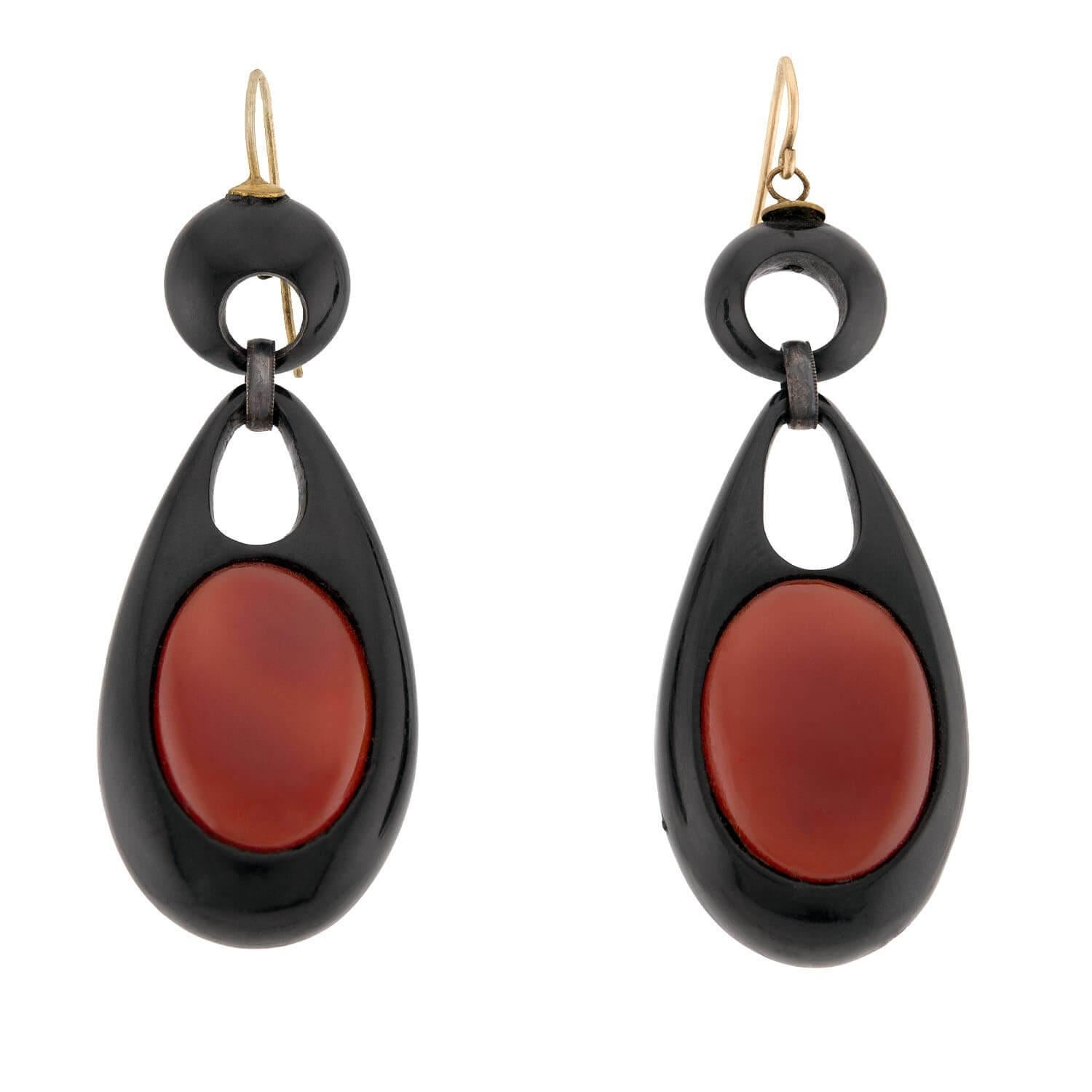 Victorian Sterling Silver and Jet Carnelian Earrings In Good Condition For Sale In Narberth, PA