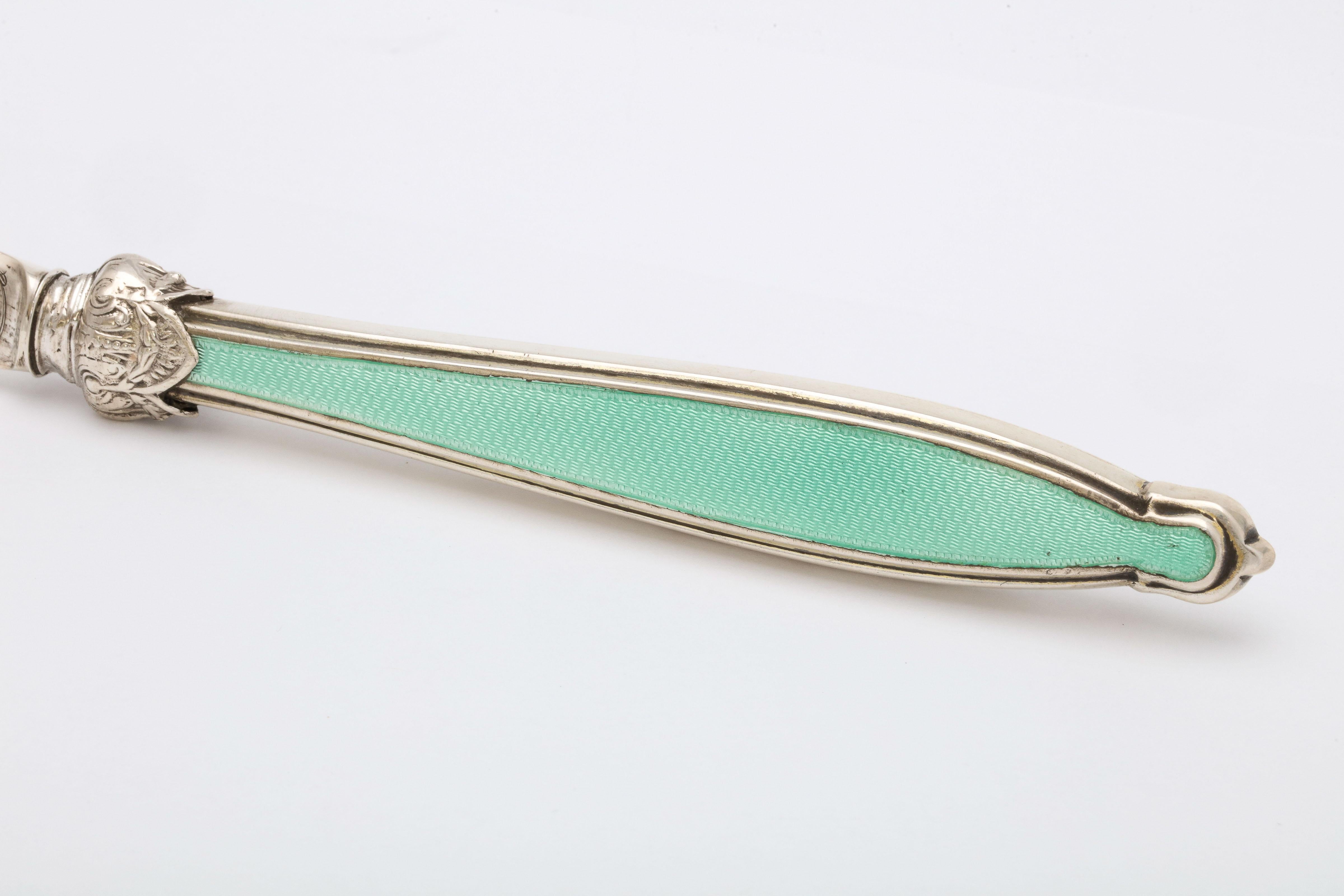 Victorian Sterling Silver and Mint Green Guiloche Enamel Letter Opener 9