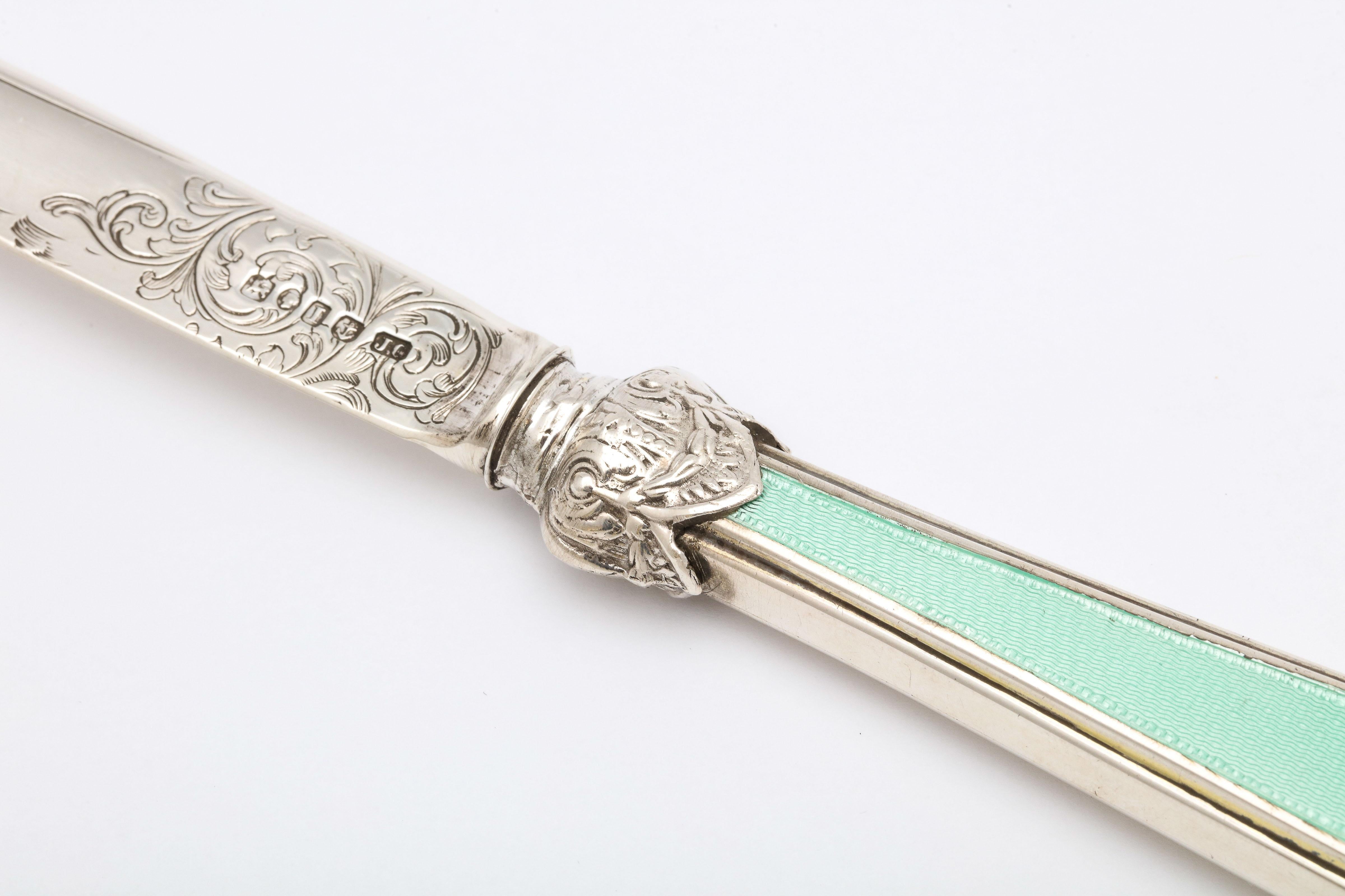 English Victorian Sterling Silver and Mint Green Guiloche Enamel Letter Opener