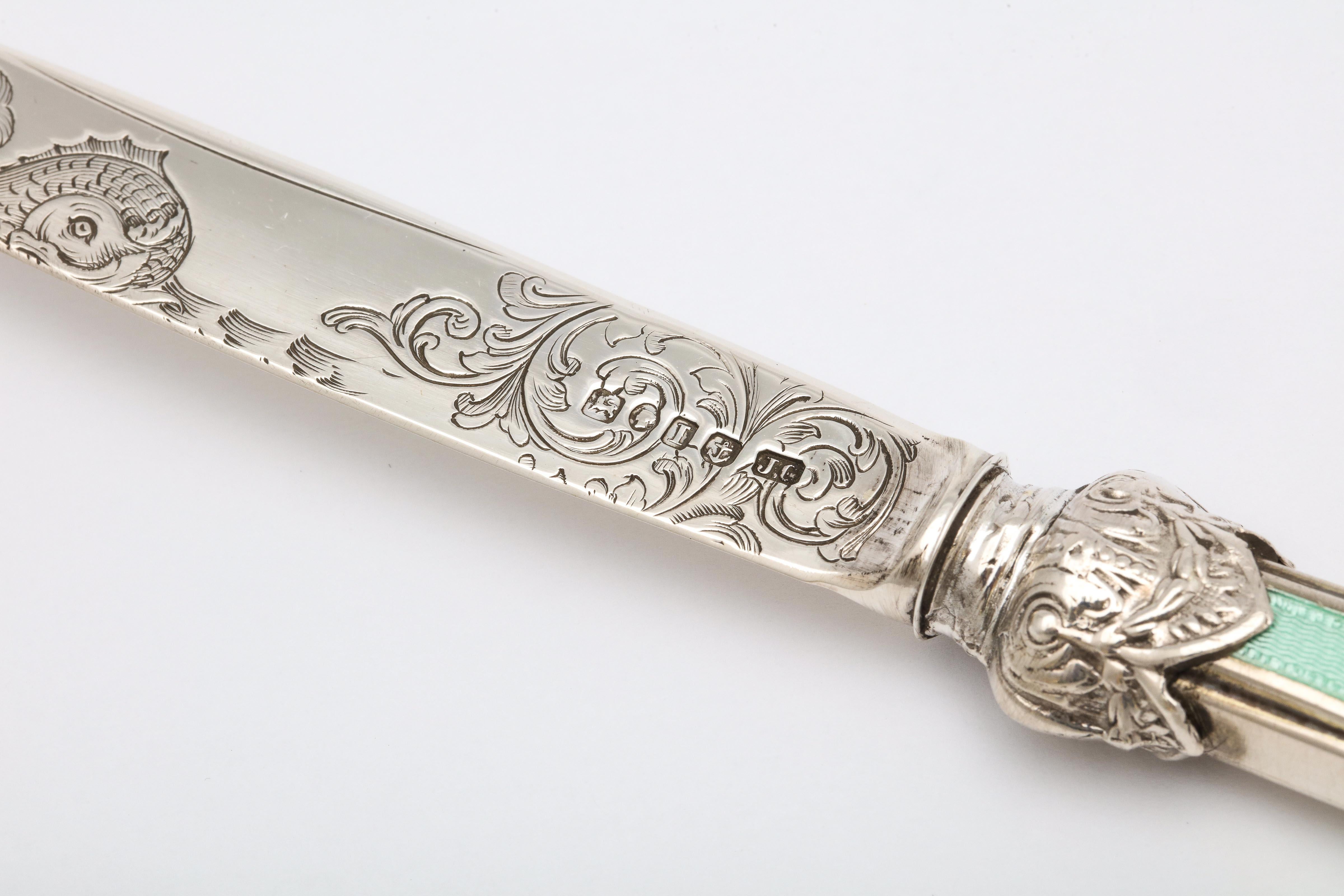 Victorian Sterling Silver and Mint Green Guiloche Enamel Letter Opener In Good Condition In New York, NY