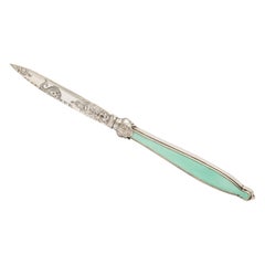 Victorian Sterling Silver and Mint Green Guiloche Enamel Letter Opener