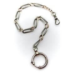 Victorian Sterling Silver and Niello Watch Chain with Large Spring Ring