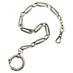 Cadena de reloj victoriana de plata de ley y niello con gran anillo de resorte