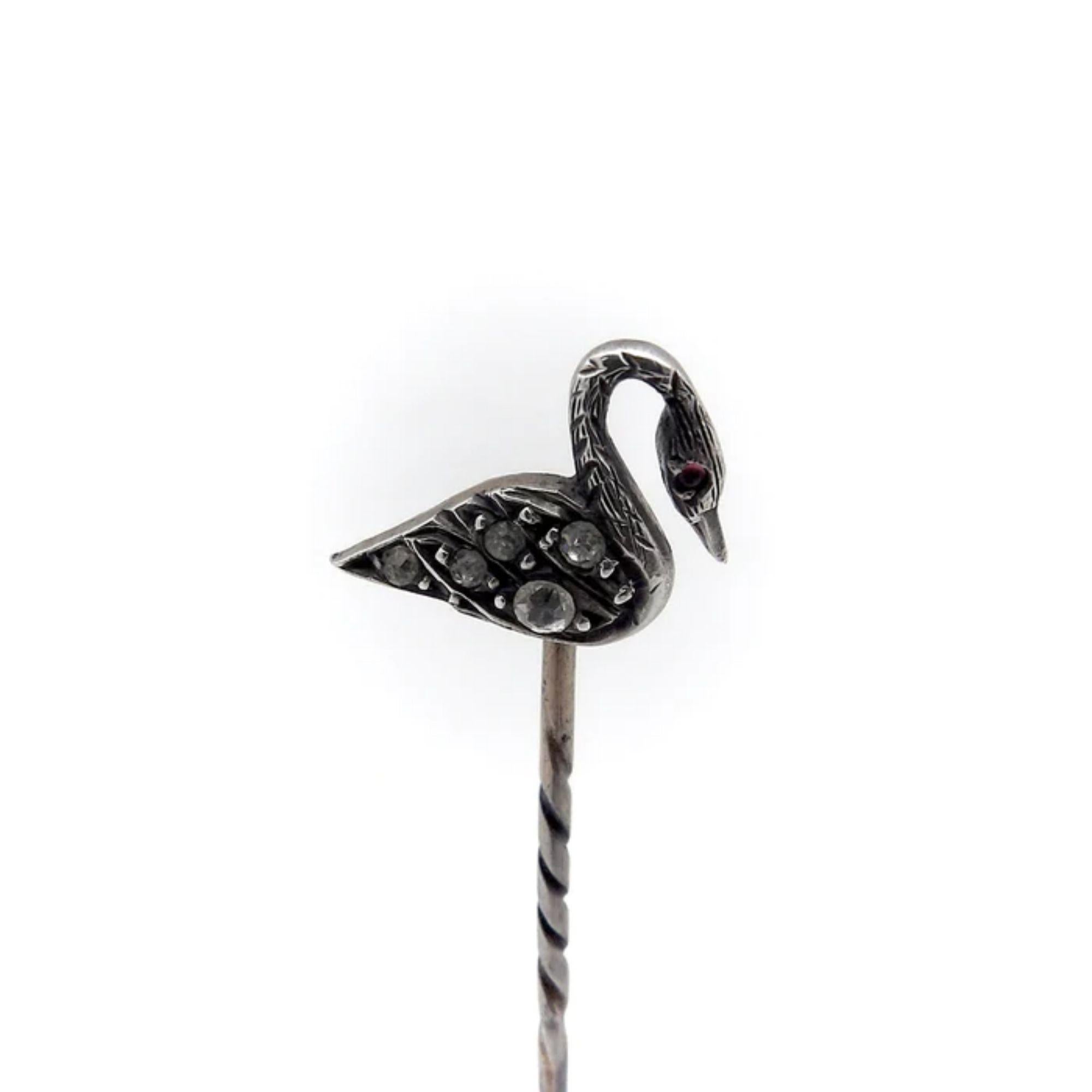 Victorian Sterling Silver and Paste Swan Stickpin, circa 1890's In Good Condition For Sale In Venice, CA